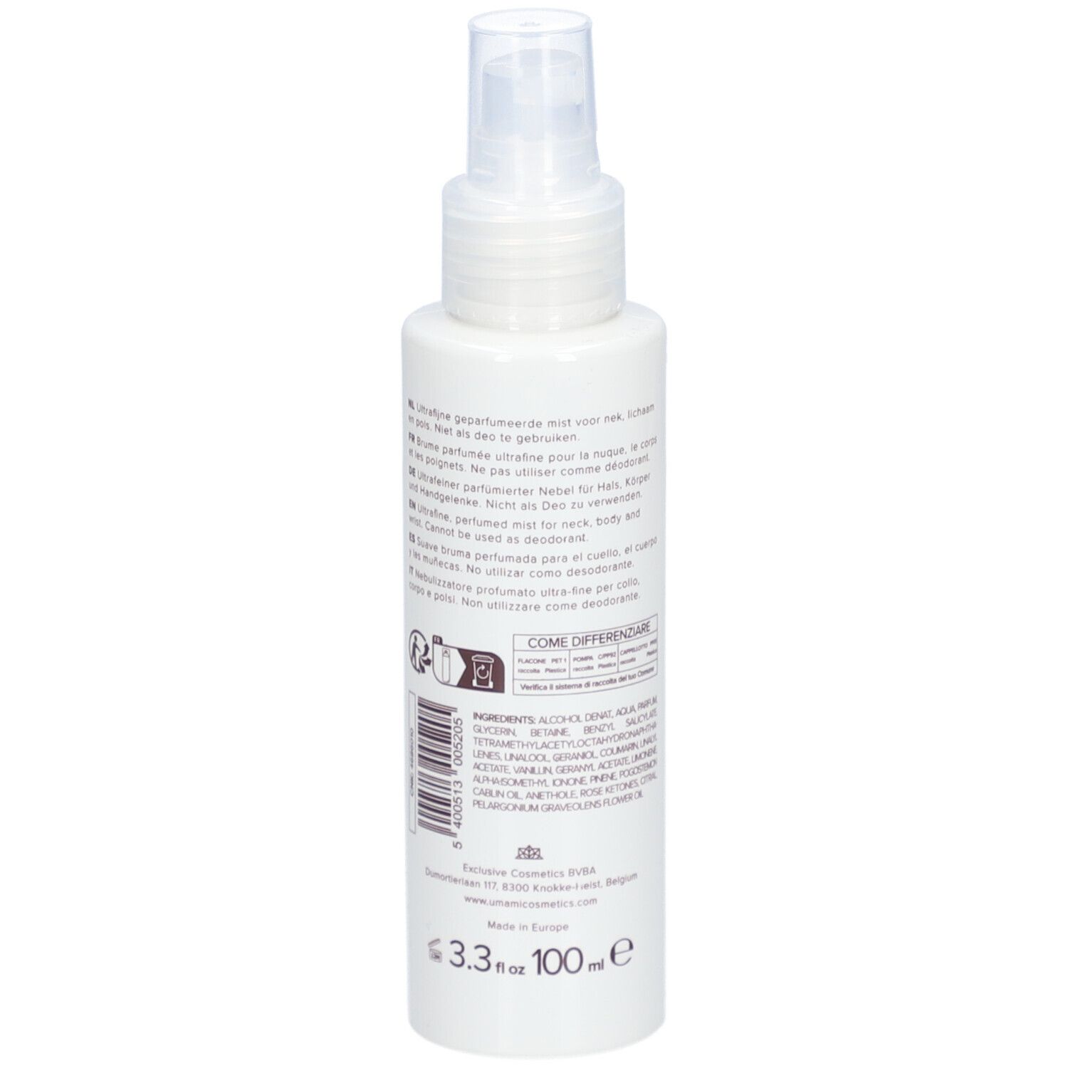 Flacon blanc avec vaporisateur. Dos avec texte. Inscriptions: ingrédients, mode d'emploi, informations fabricant, 100ml.