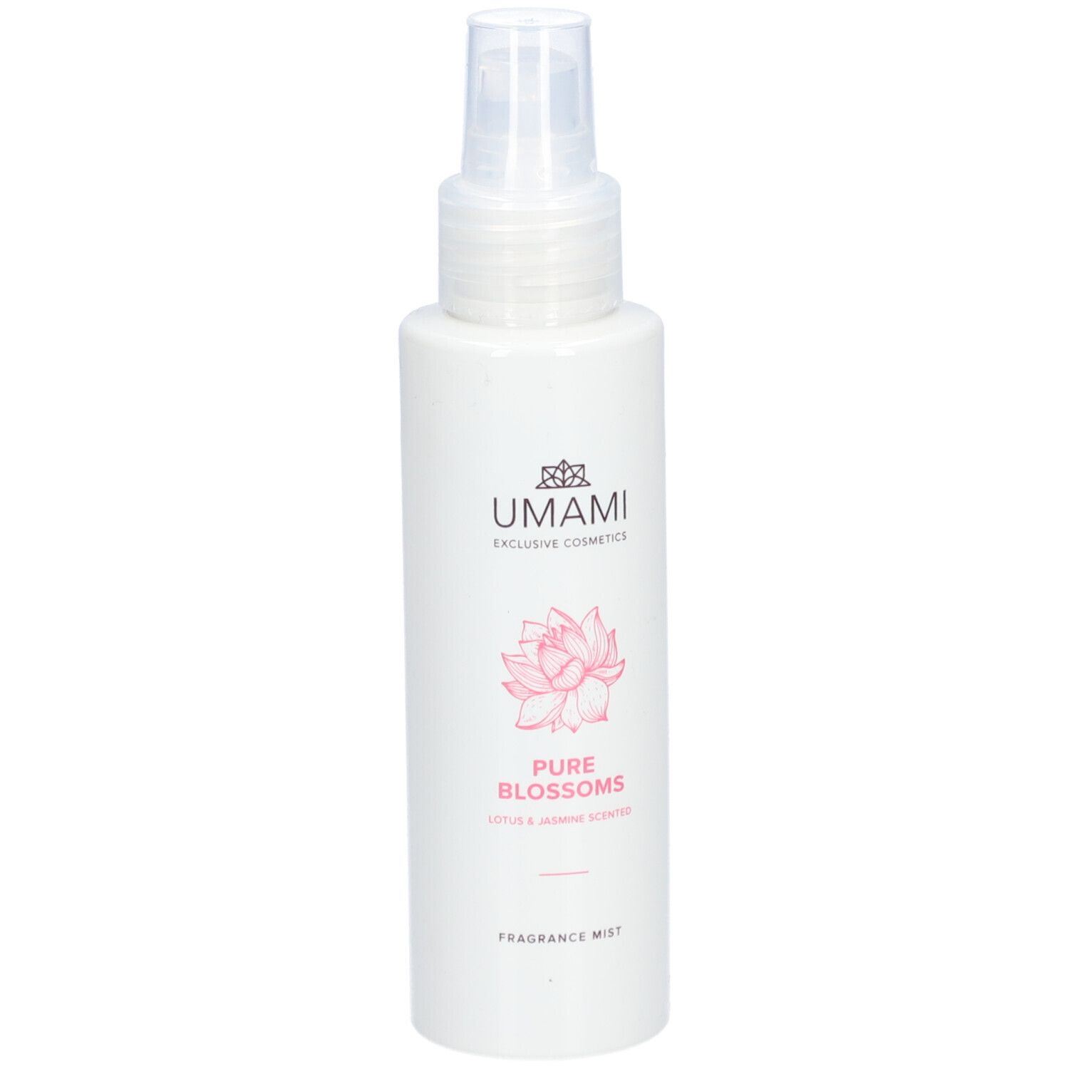 Flacon blanc avec vaporisateur. Inscriptions: UMAMI, Pure Blossoms, Lotus & Jasmin Scented, Fragrance Mist. Fleur de lotus rose.