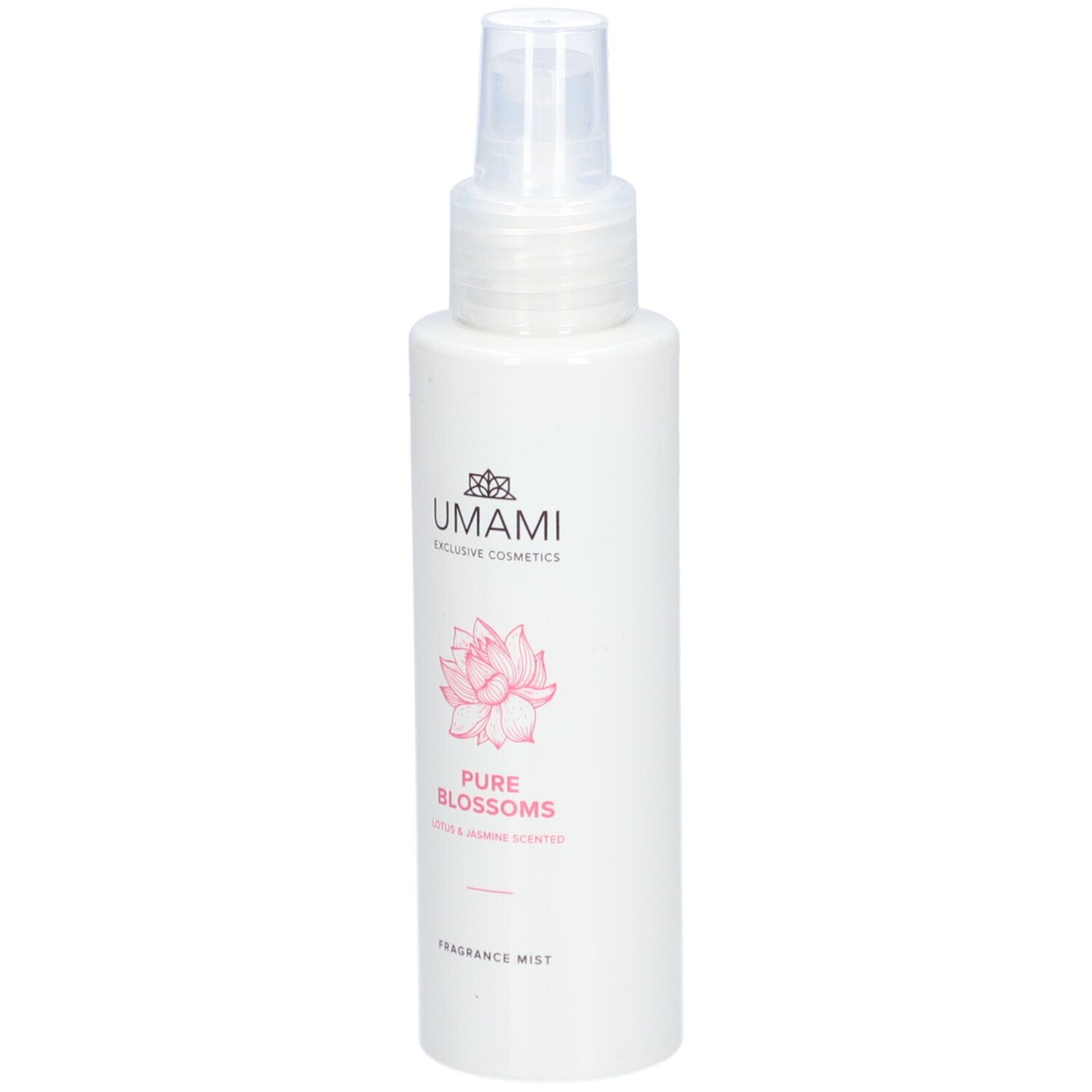 Flacon blanc avec vaporisateur. Inscriptions: UMAMI, Pure Blossoms, Lotus & Jasmin Scented, Fragrance Mist. Fleur de lotus rose.
