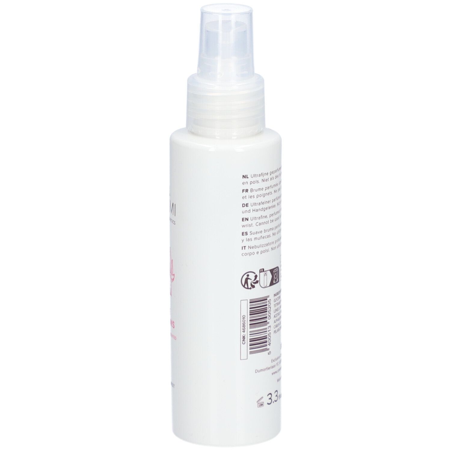 Flacon blanc avec vaporisateur. Dos avec texte. Inscriptions: ingrédients, mode d'emploi, informations fabricant, 3.3 fl.oz.