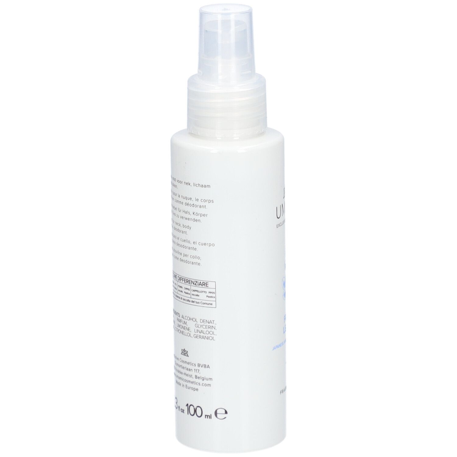 Flacon blanc avec vaporisateur. Texte multilingue. Inscription: 100 ml.
