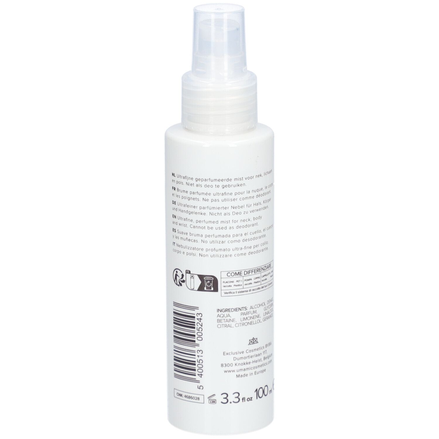 Flacon blanc avec vaporisateur. Texte multilingue. Code-barres et ingrédients.