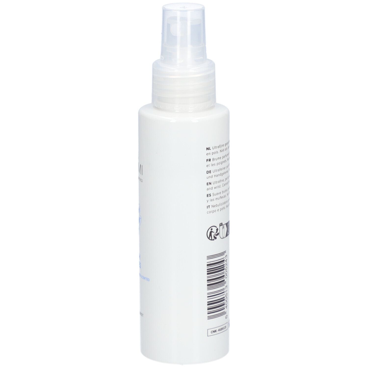 Flacon blanc avec vaporisateur. Texte multilingue. Code-barres.