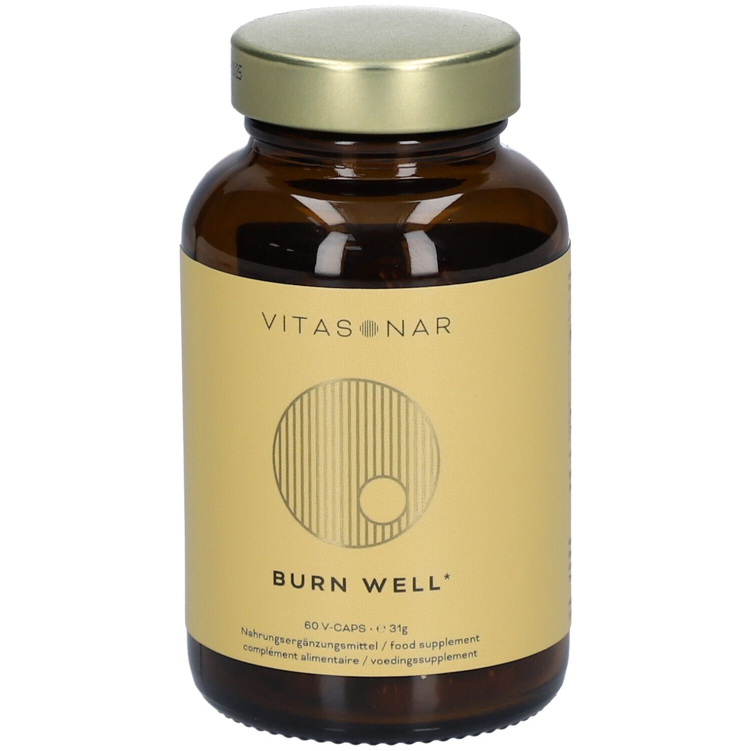 Flacon en verre brun avec bouchon et étiquette dorés. Inscription: VITASONAR, BURN WELL, 60 V-CAPS.