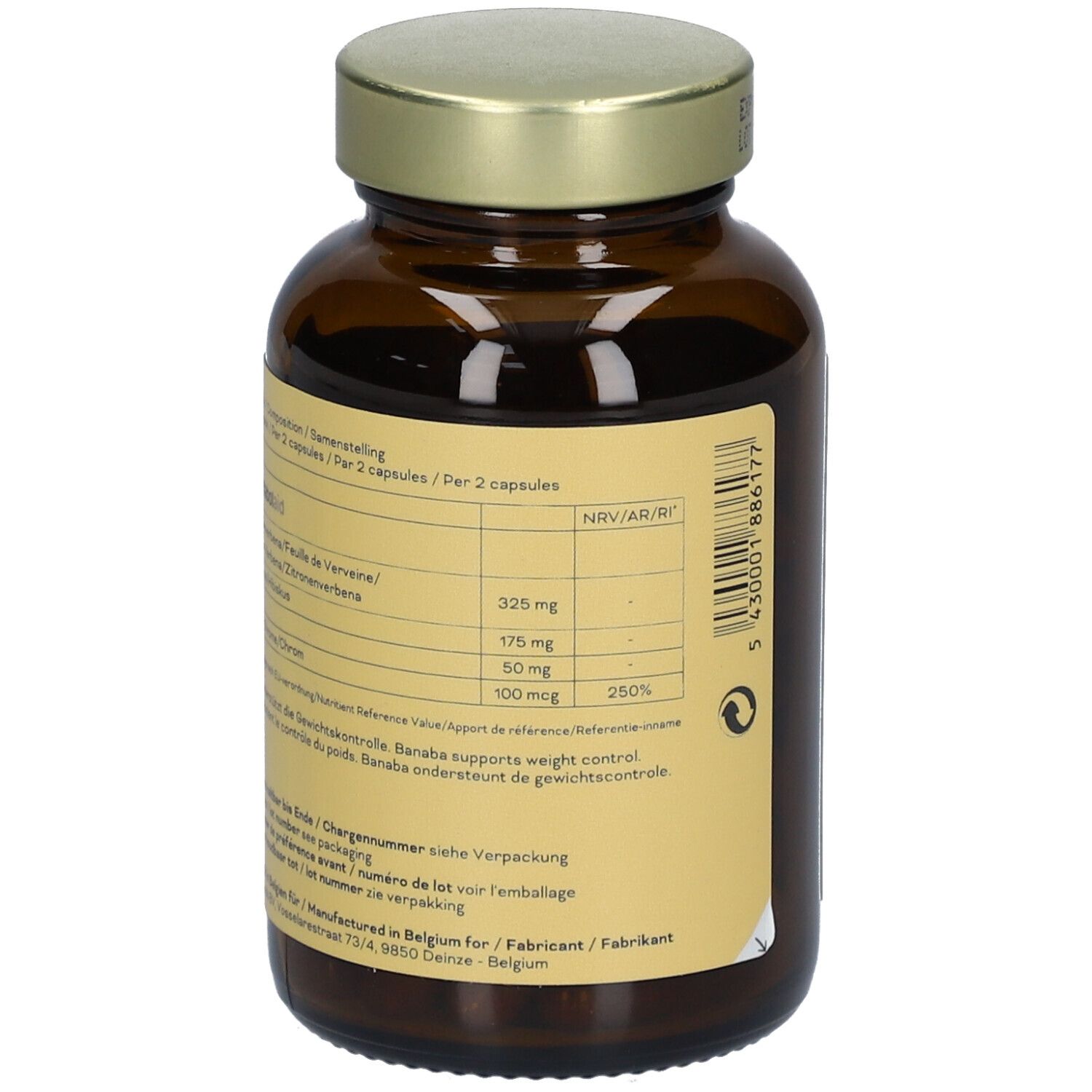 Dos d'un flacon en verre brun avec bouchon doré. Étiquette avec informations nutritionnelles et ingrédients.