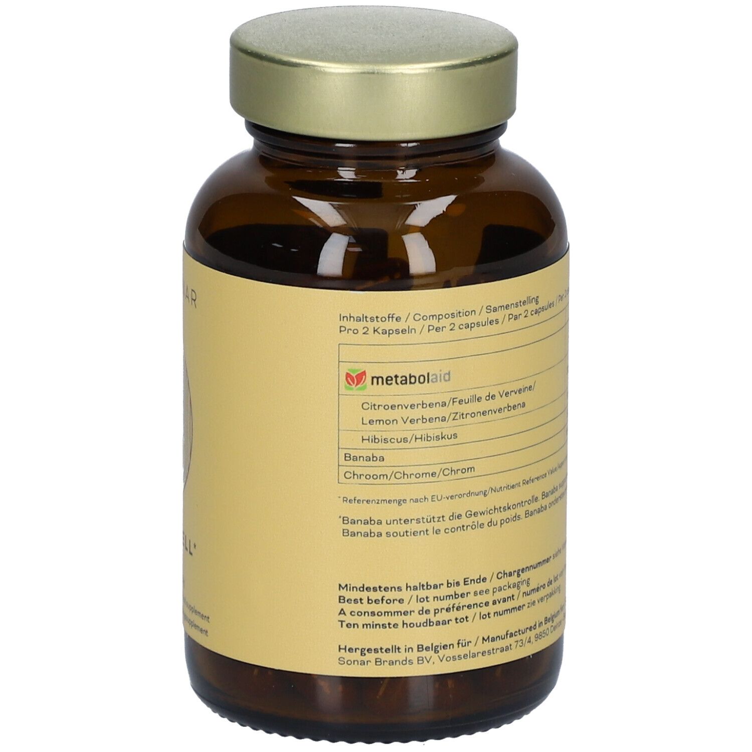 Dos d'un flacon en verre brun avec bouchon doré. Étiquette avec ingrédients et informations du fabricant.