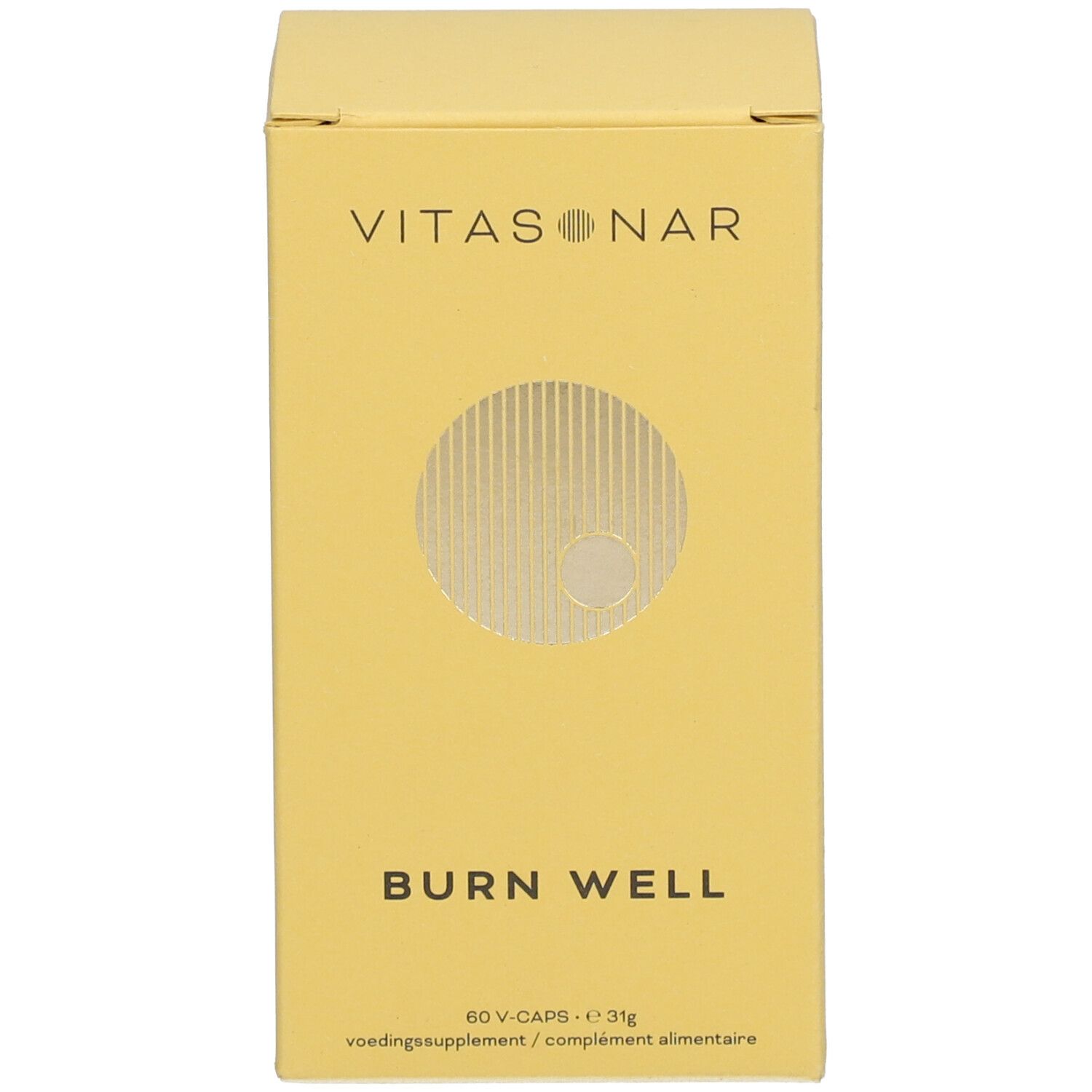 Boîte jaune avec inscription: VITASONAR, BURN WELL, 60 V-CAPS. Emballage du produit.