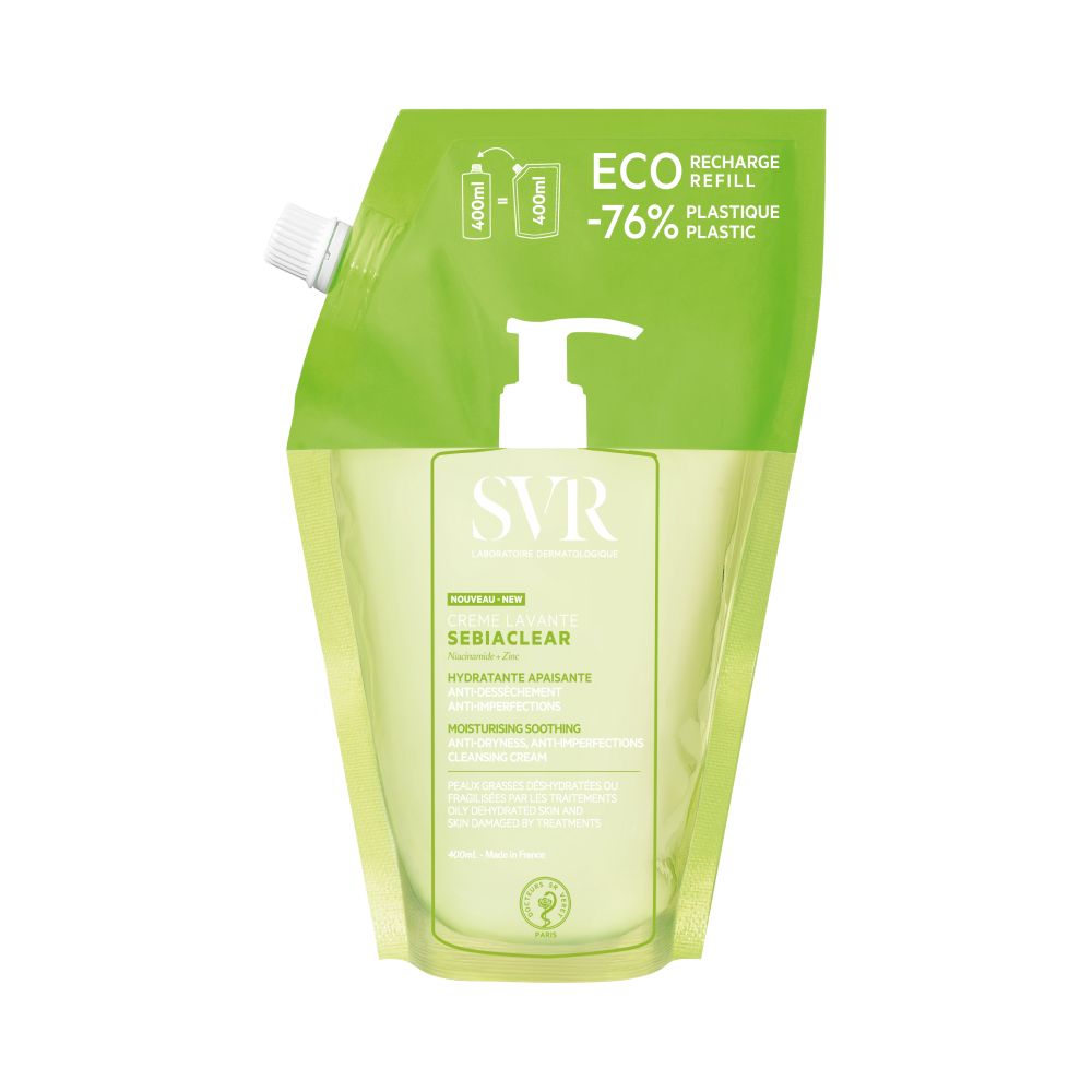 Recharge avec pompe. Design vert et blanc. Texte: SVR, Sebiaclear, Recharge Refill, -76% plastique.