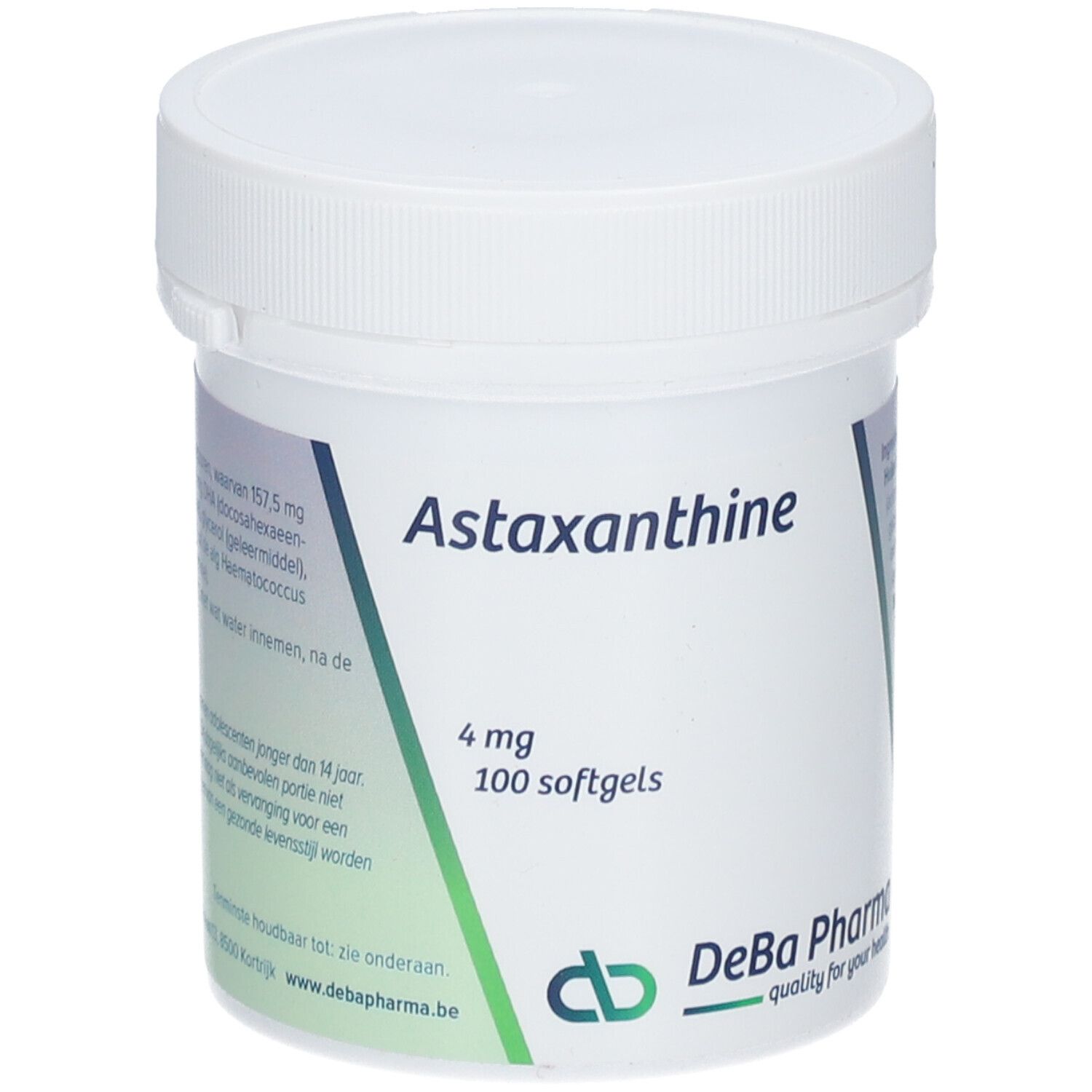 Boîte blanche avec Astaxanthine 4 mg, 100 gélules. Logo DeBa Pharma.