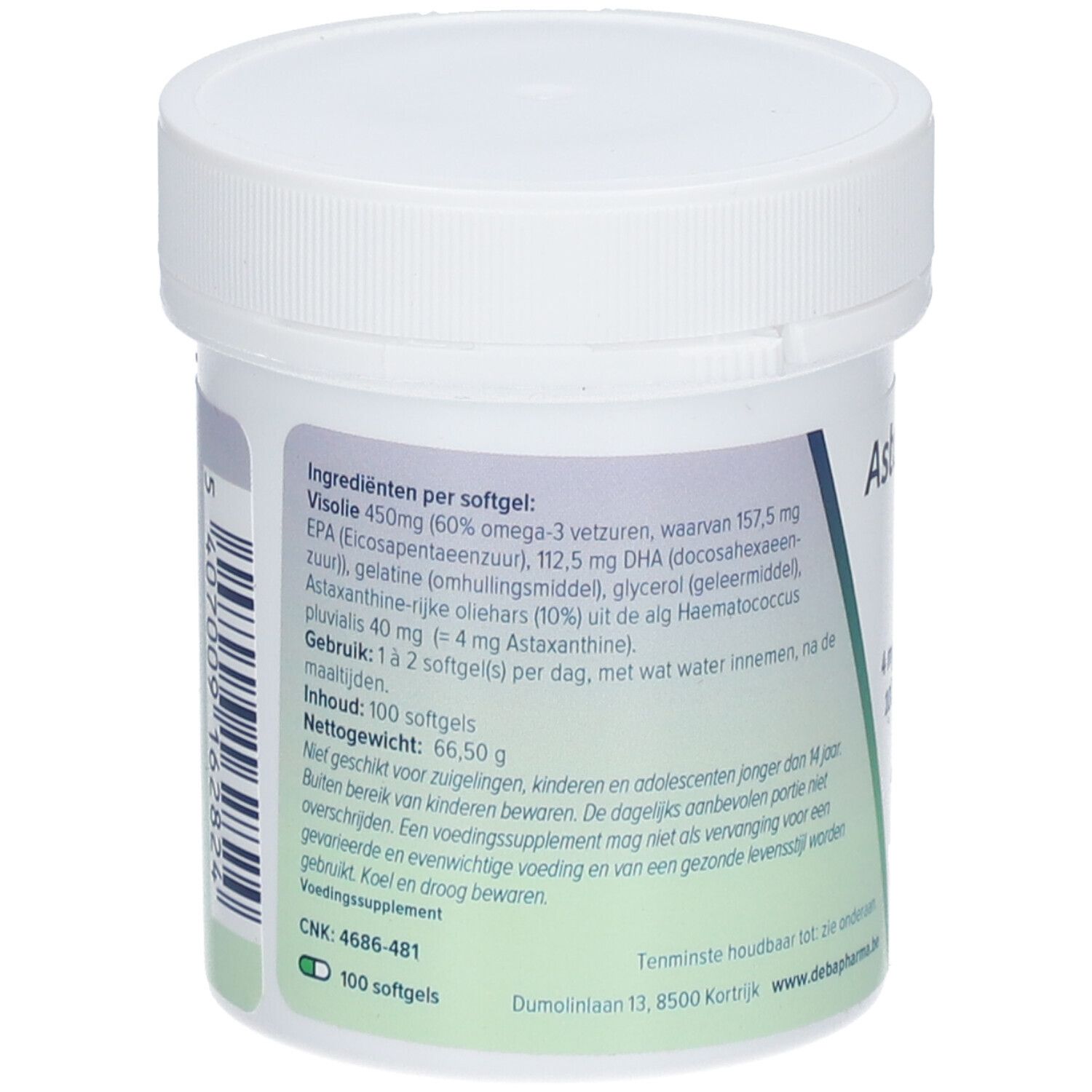 Dos de la boîte blanche. Liste des ingrédients, numéro CNK, date de péremption. DeBa Pharma.