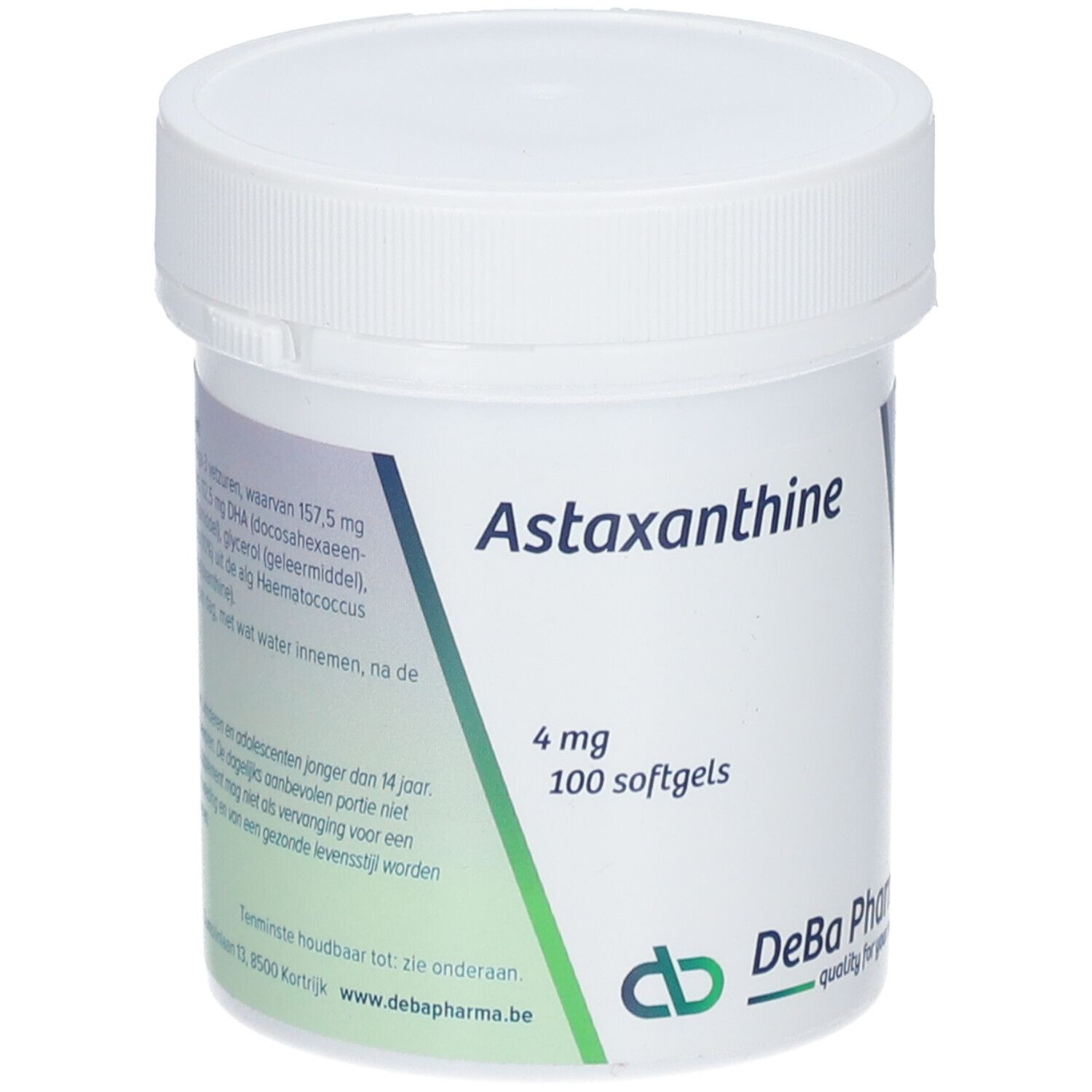 Boîte blanche avec Astaxanthine 4 mg, 100 gélules. Logo DeBa Pharma.