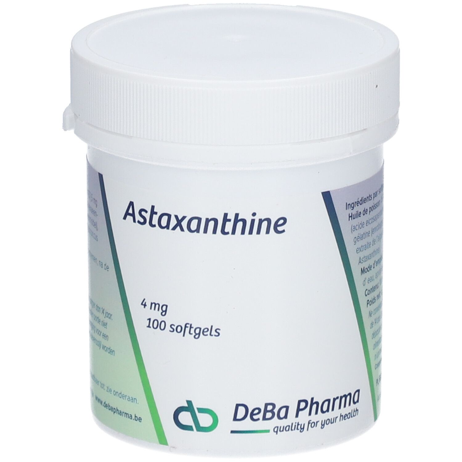 Boîte blanche avec Astaxanthine 4 mg, 100 gélules. Logo DeBa Pharma.