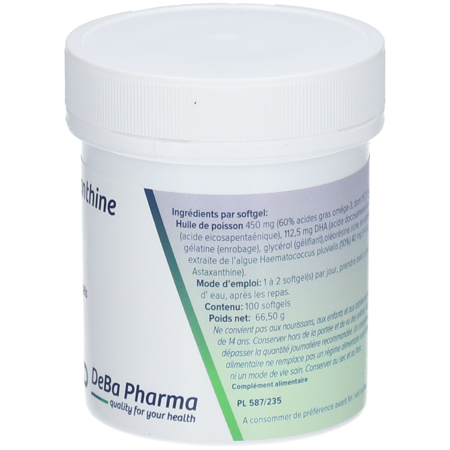 Dos de la boîte blanche. Liste des ingrédients, mode d'emploi, poids net. DeBa Pharma.