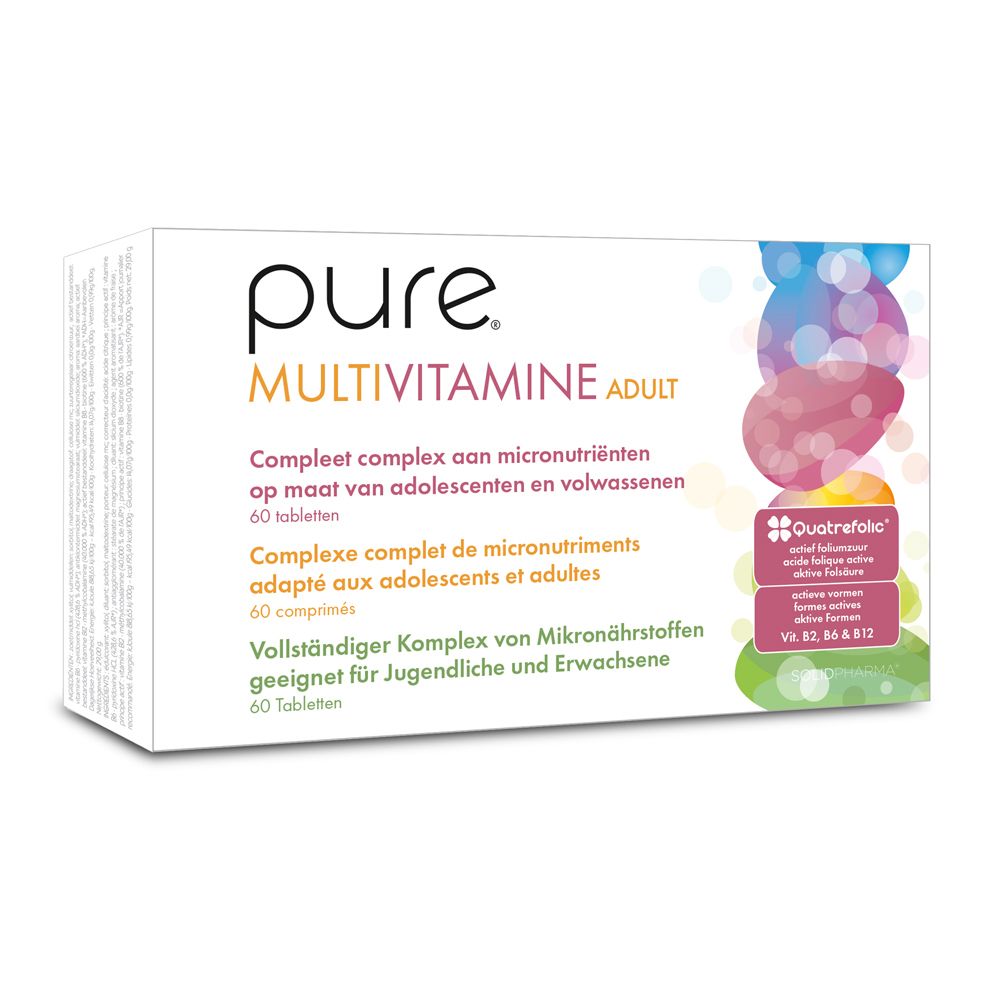 Boîte blanche « pure MULTIVITAMINE ADULT ». 60 comprimés. Texte multilingue. Logo Quatrefolic.