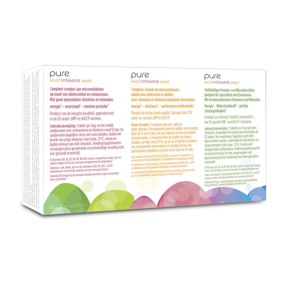 Dos de la boîte blanche « pure MULTIVITAMINE ADULT ». Texte multilingue.