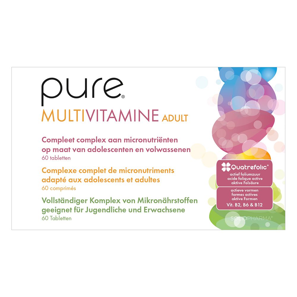 Boîte blanche « pure MULTIVITAMINE ADULT ». 60 comprimés. Texte multilingue. Logo Quatrefolic.