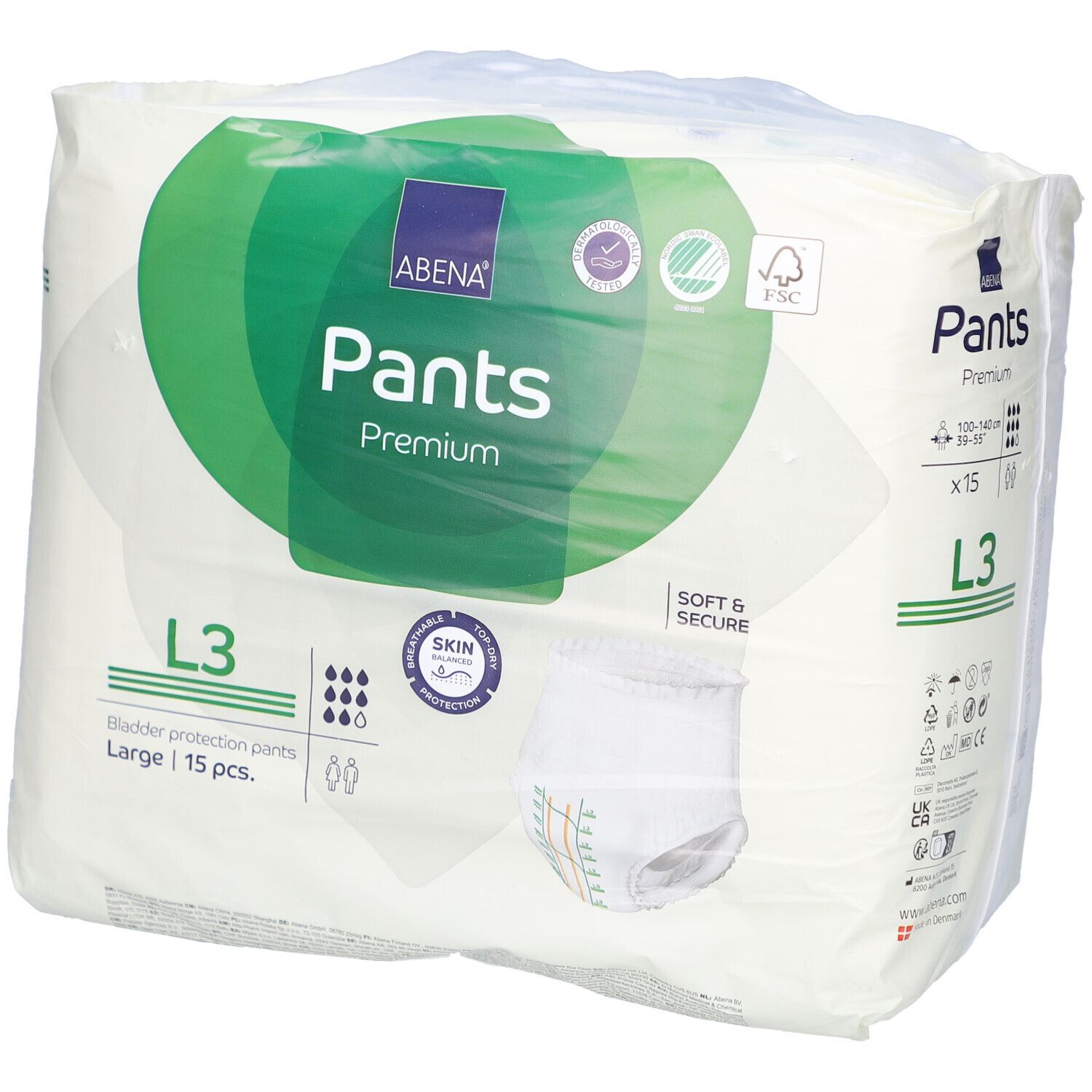 Paquet de Abena Pants Premium L3 Large. Marque, nom du produit, taille L3, 15 pièces, et label FSC visibles.