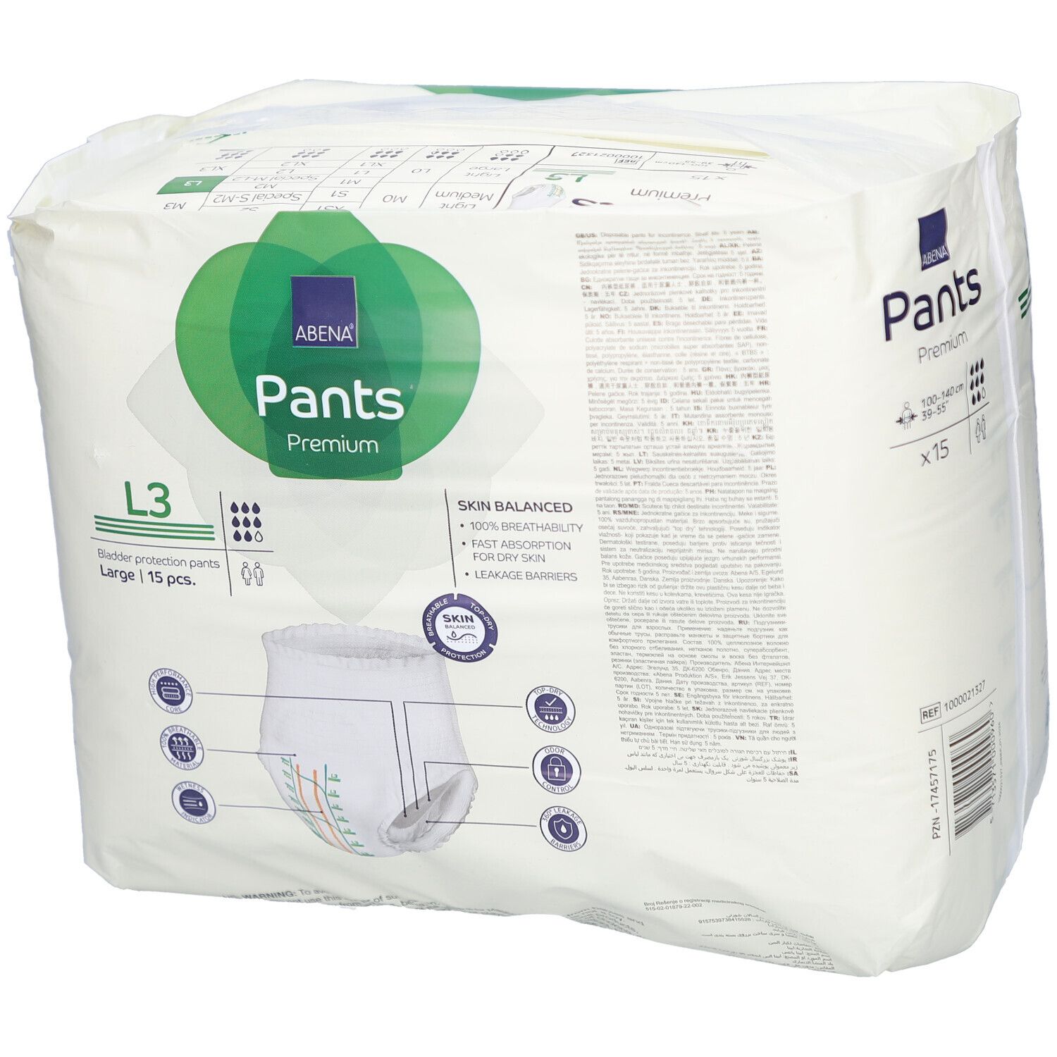 Paquet Abena Pants Premium L3 Large. Marque, nom, taille L3, 15 pièces, et Skin Balanced visibles.
