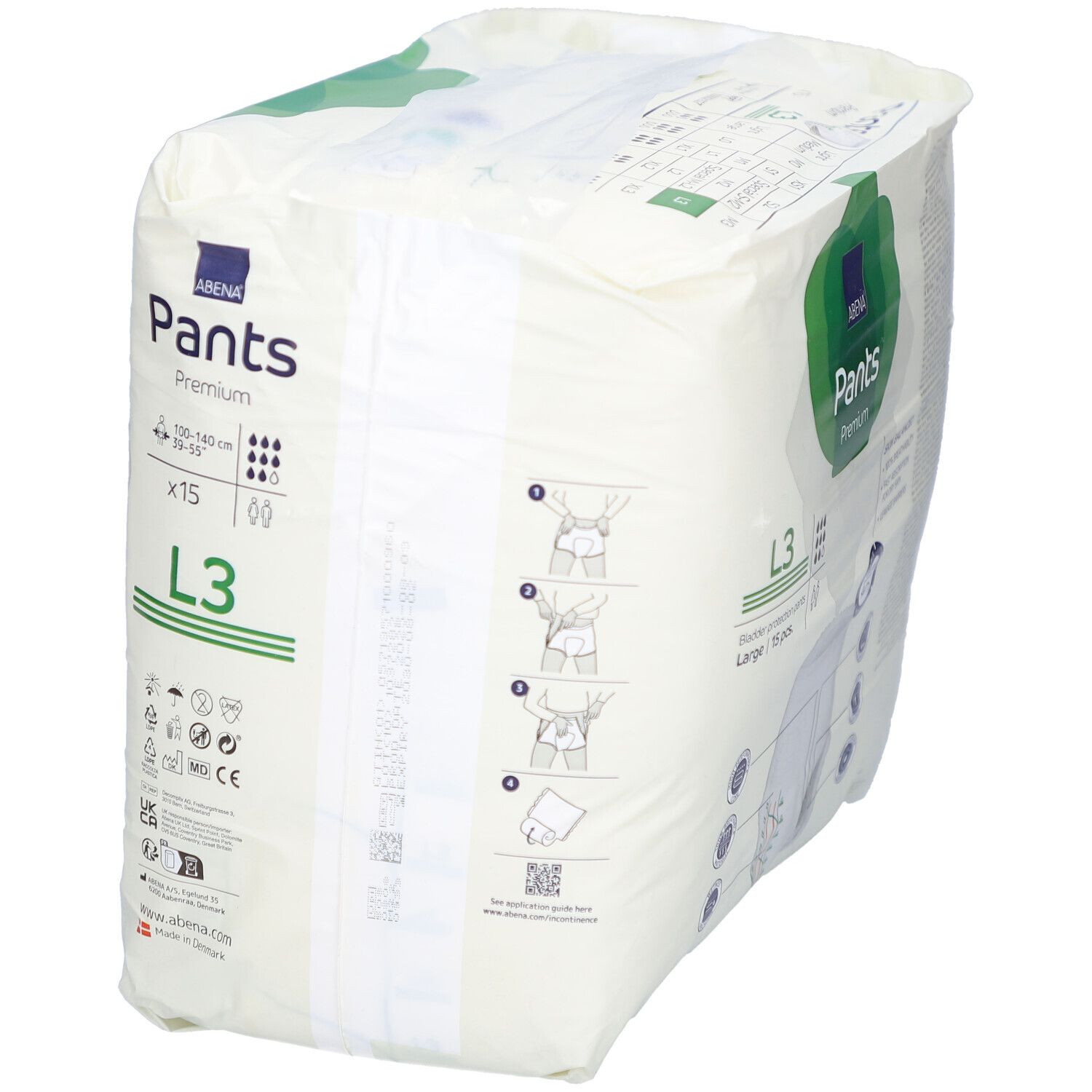 Paquet Abena Pants Premium L3 Large. Marque, nom, taille L3, 15 pièces, et exemples d'utilisation.