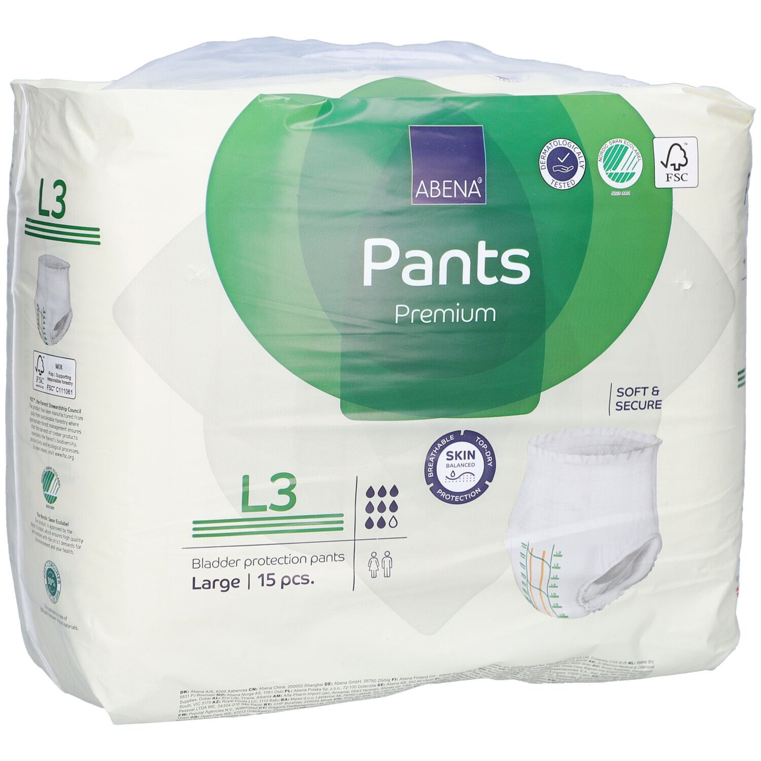 Paquet Abena Pants Premium L3 Large. Marque, nom, taille L3, 15 pièces, Skin Balanced, et label FSC.