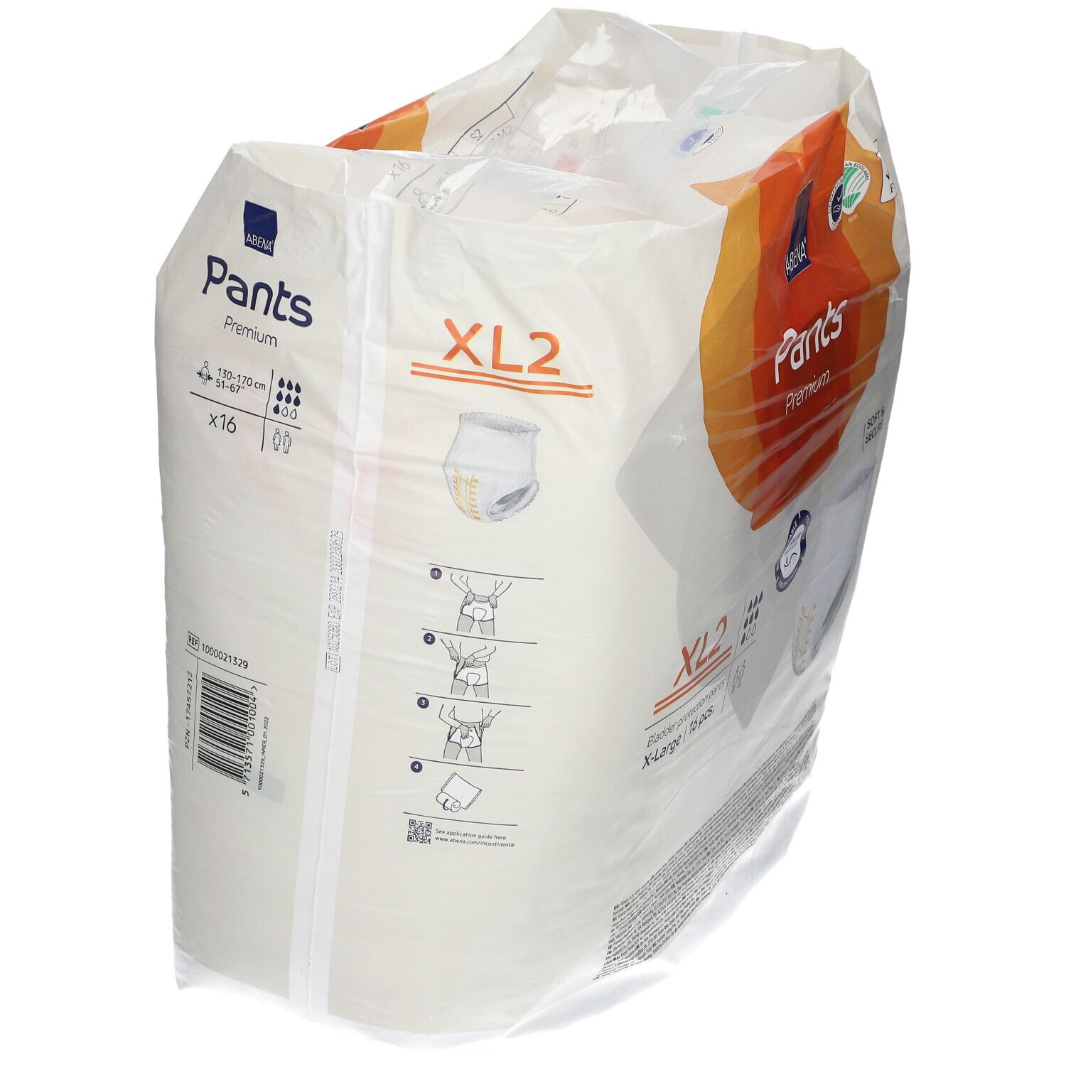 Paquet ABENA Pants Premium XL2. Dos avec image du produit et instructions d'utilisation.