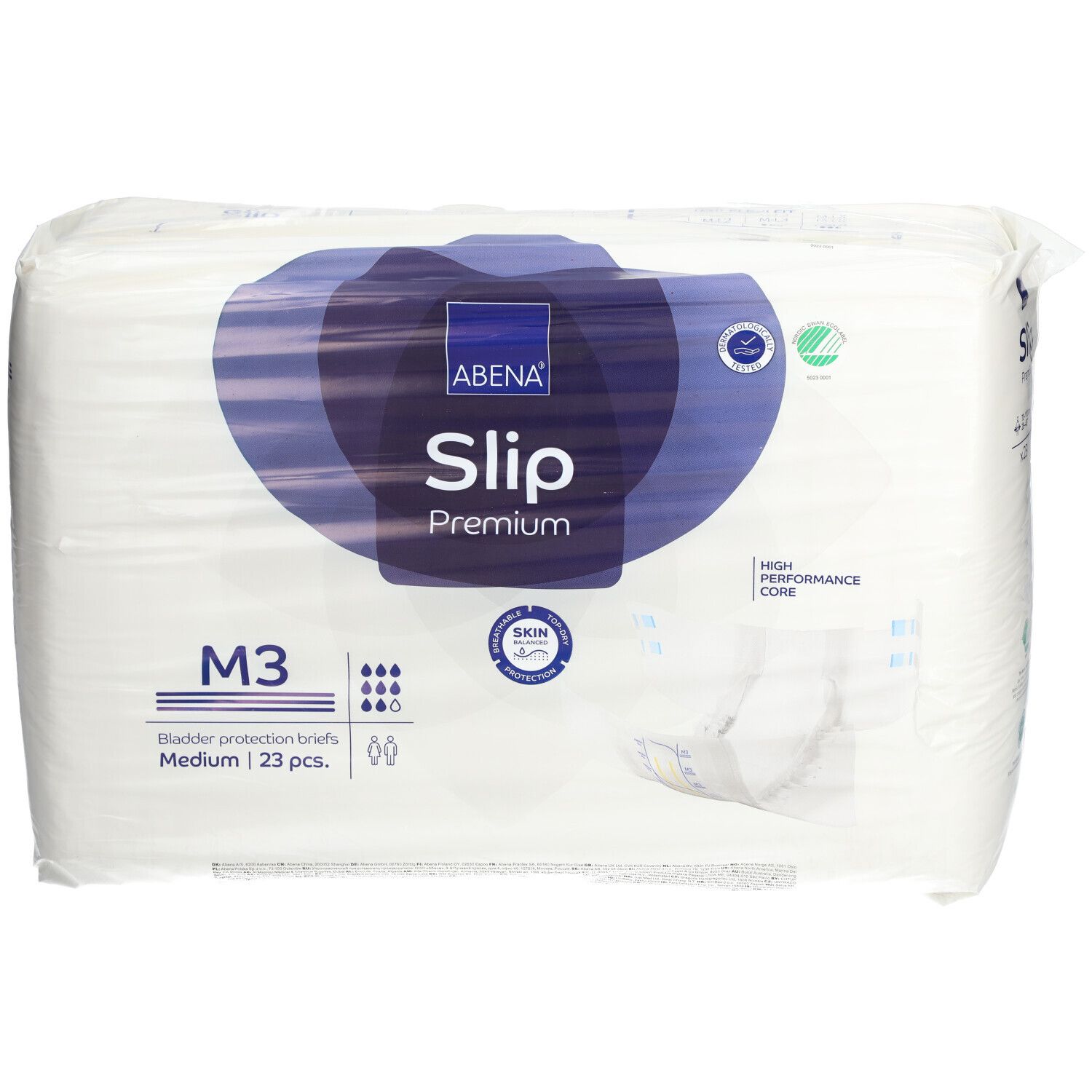 Emballage ABENA Slip Premium M3. Film blanc avec logo bleu et nom du produit. Contient 23 pièces.