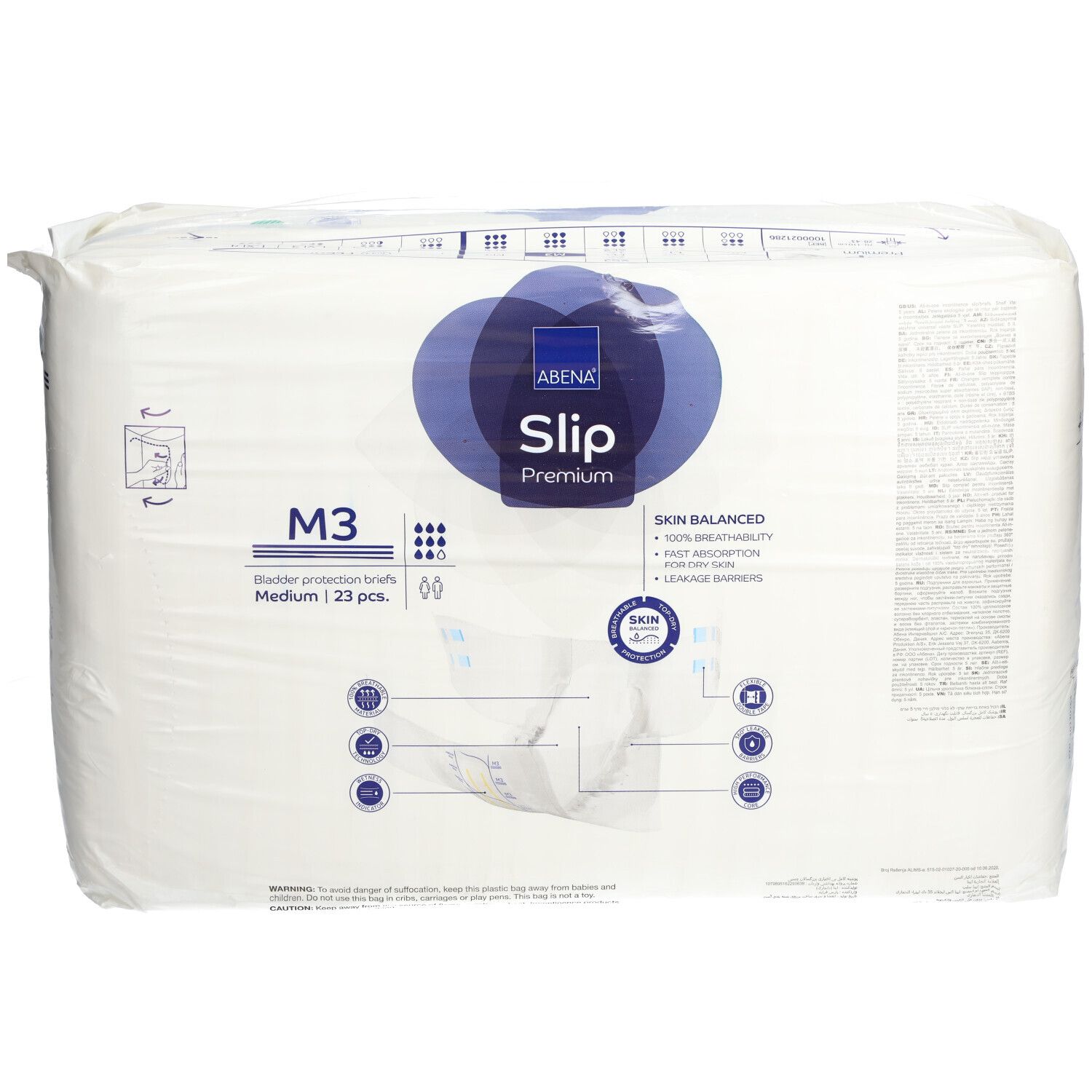 Emballage ABENA Slip Premium M3. Film blanc avec logo bleu et nom du produit. Contient 23 pièces. Informations supplémentaires.