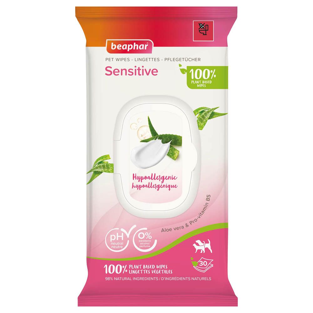 Paquet rose "Beaphar Sensitive" avec aloe vera. Contient 30 lingettes. Lingettes 100% végétales, pH neutre, hypoallergéniques.