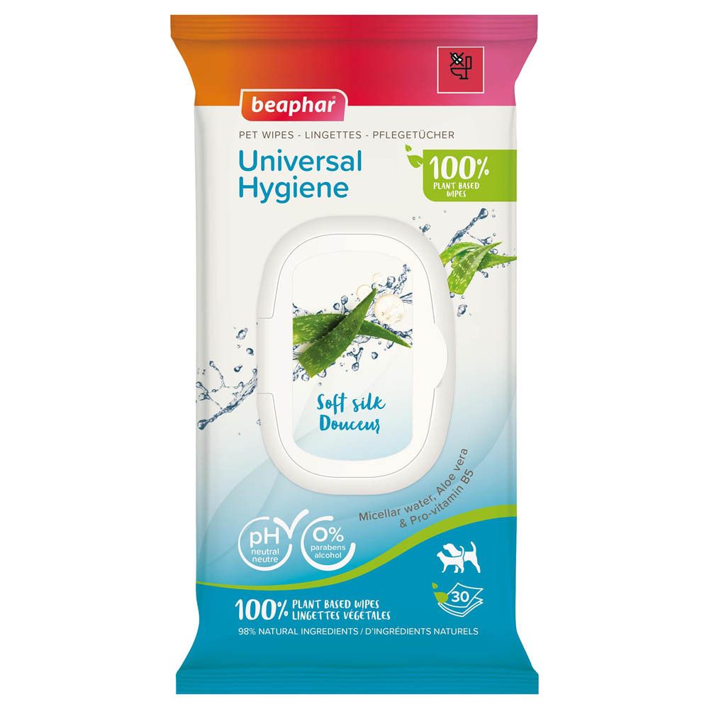 Lingettes Beaphar Pet Wipes Universal Hygiene : 100% lingettes végétales à l'Aloe Vera et Pro-Vitamine B5.