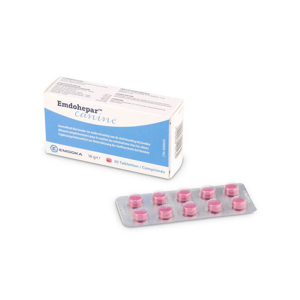 Boîte Emdohepar™ canine et plaquette de comprimés. Comprimés roses en blister. 30 comprimés.