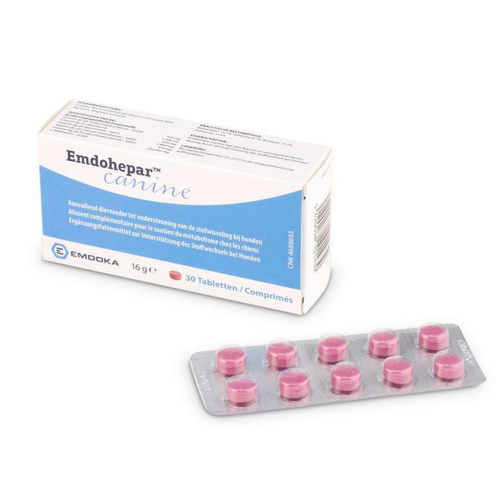 Boîte Emdohepar™ canine et plaquette de comprimés. Comprimés roses en blister. 30 comprimés.
