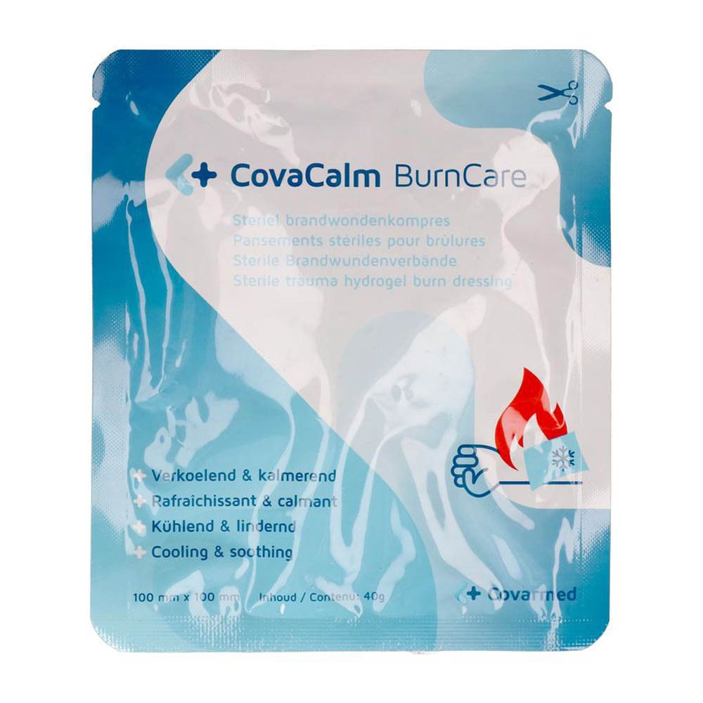 Emballage CovaCalm BurnCare. Sachet bleu et blanc avec nom du produit, symbole flamme-glace, texte multilingue et indication de taille 100x100 mm.