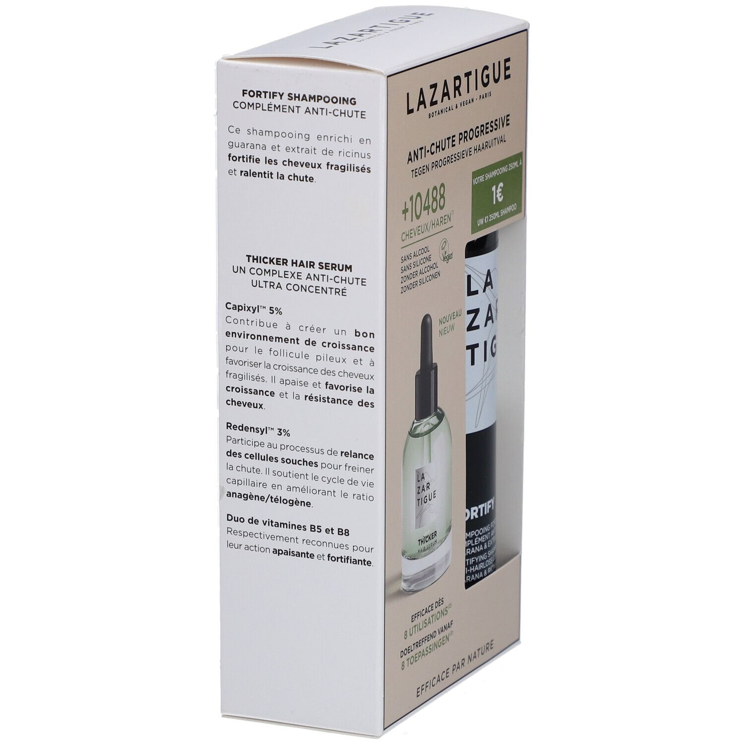 Boîte Lazartigue, sérum et shampooing. Texte: Thicker Hair Serum, Anti-Chute Progressive. Ingrédients et informations.