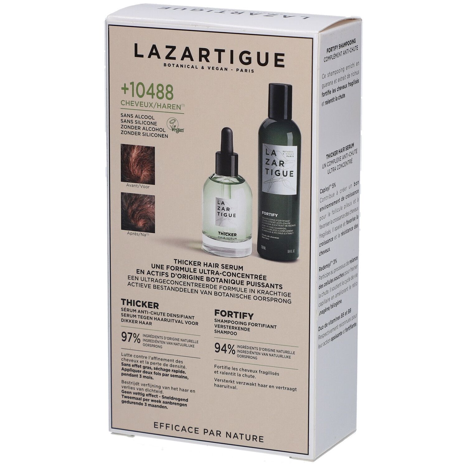 Dos de la boîte. Lazartigue, Thicker Hair Serum, Fortify Shampoo. Images des changements capillaires.
