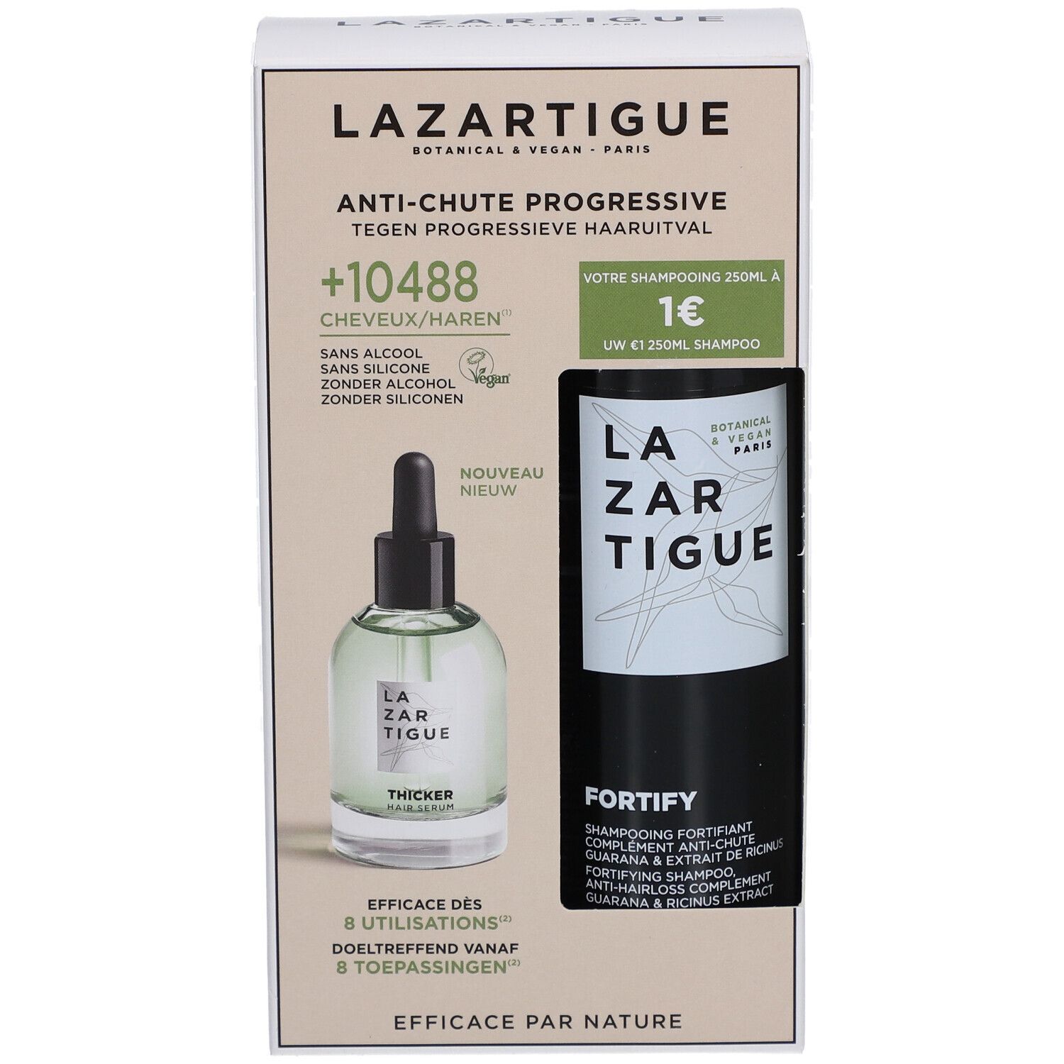 Boîte, Lazartigue, Thicker Hair Serum, Fortify Shampoo. Flacon de sérum et flacon de shampooing.
