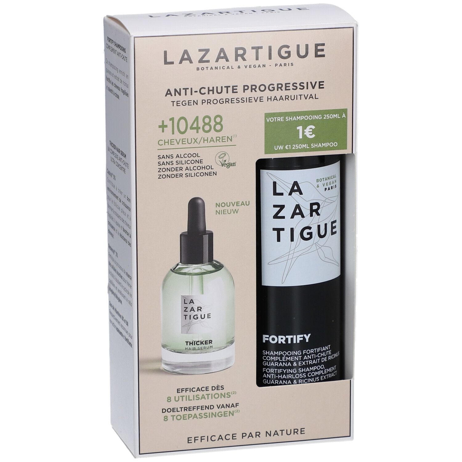 Boîte, Lazartigue, Thicker Hair Serum, Fortify Shampoo. Flacon de sérum et flacon de shampooing.