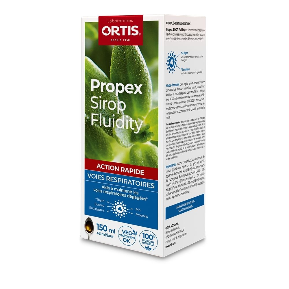 Ortis Propex Sirop Fluidity 150ml, emballage avec feuilles vertes et gouttes d'eau.