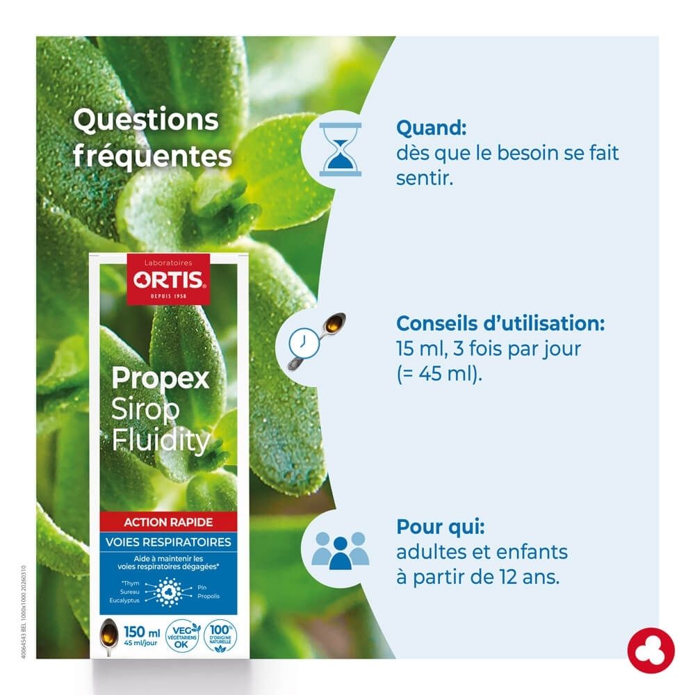 Ortis Propex Sirop Fluidity, emballage avec informations détaillées et illustrations.