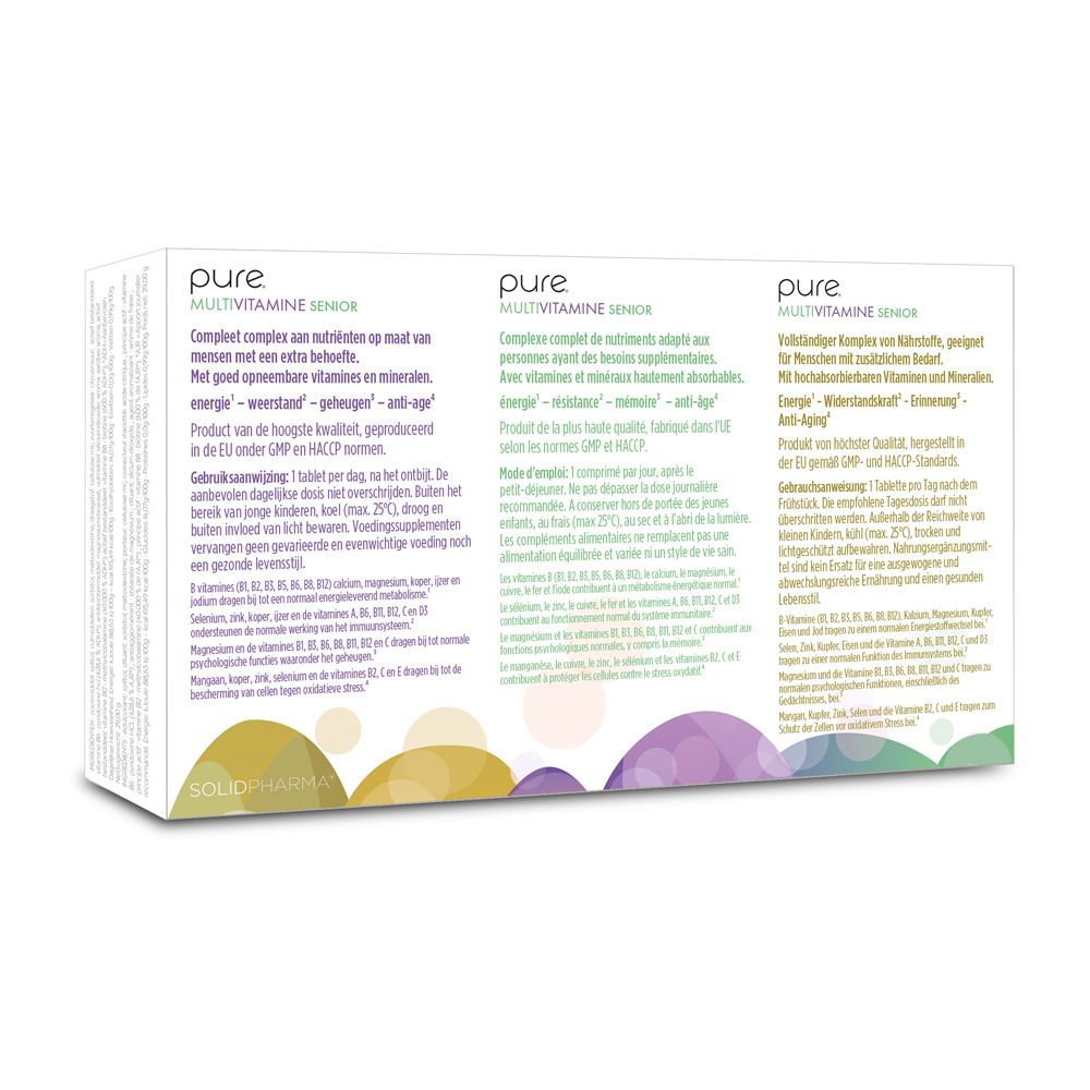Dos de la boîte pure® Multivitamine Senior. Informations multilingues.