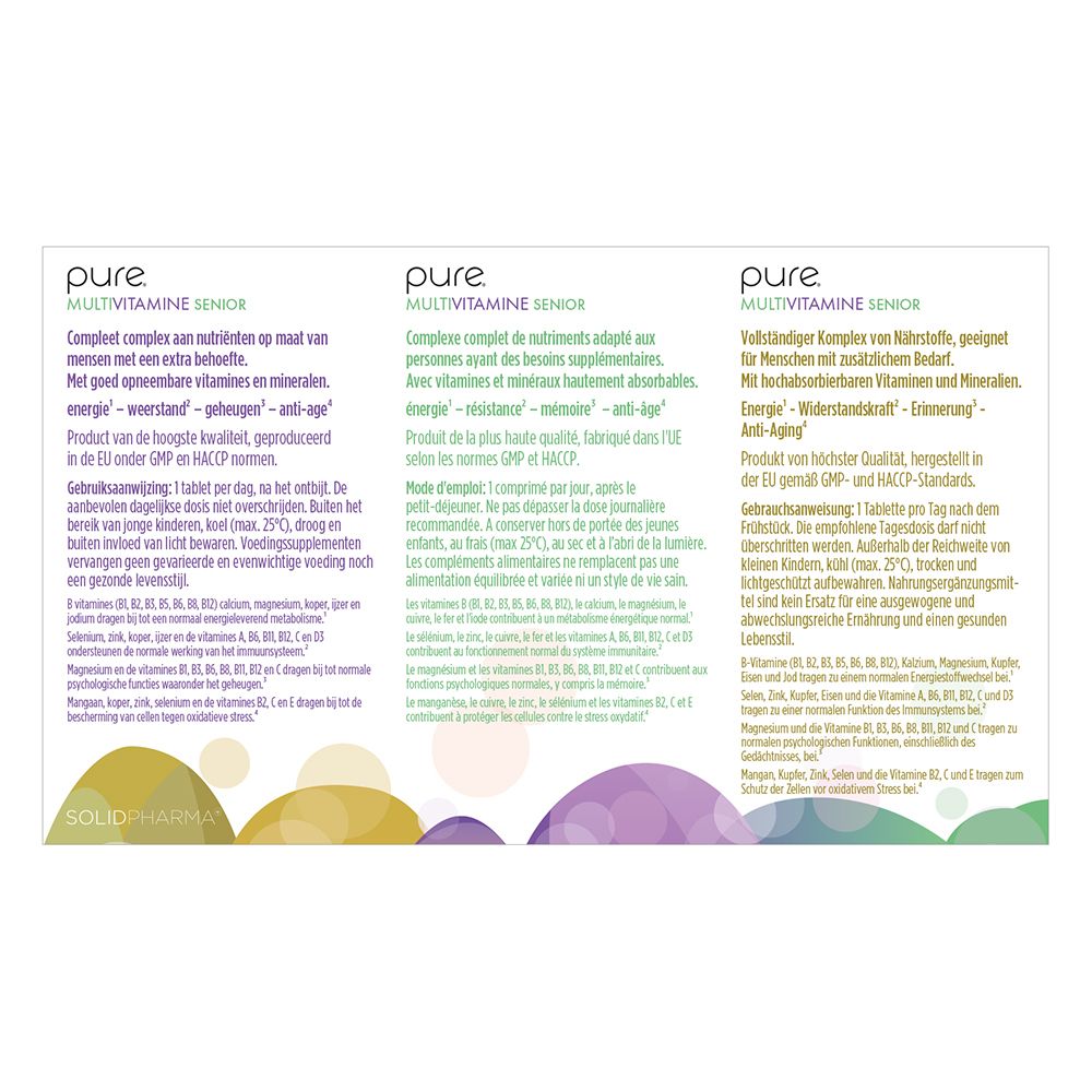 Paquet pure® B forte. Blister de comprimés. Flèches et texte. Fond bleu.