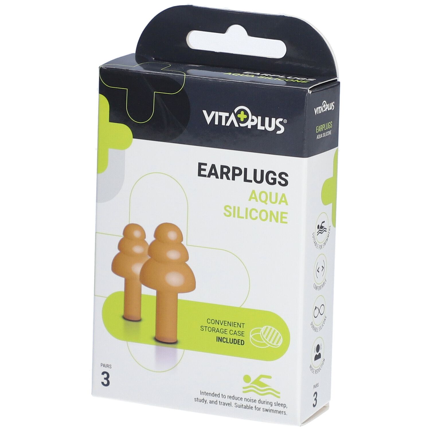 Boîte de bouchons d'oreille Aqua Silicone orange. Comprend un étui de rangement. Marque : VitaPlus.