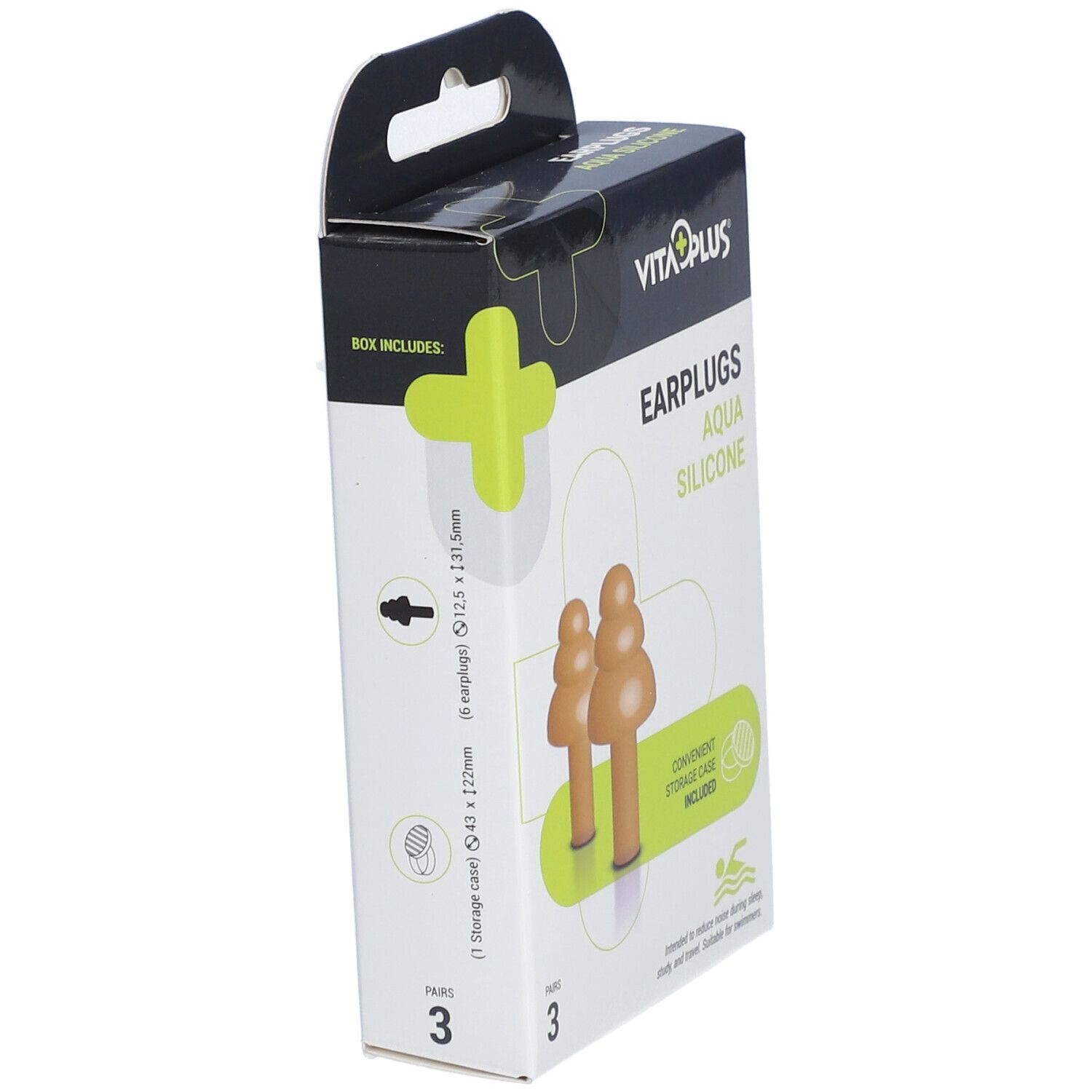 Boîte de bouchons d'oreille Aqua Silicone. Contient 6 bouchons, un étui. Marque : VitaPlus.