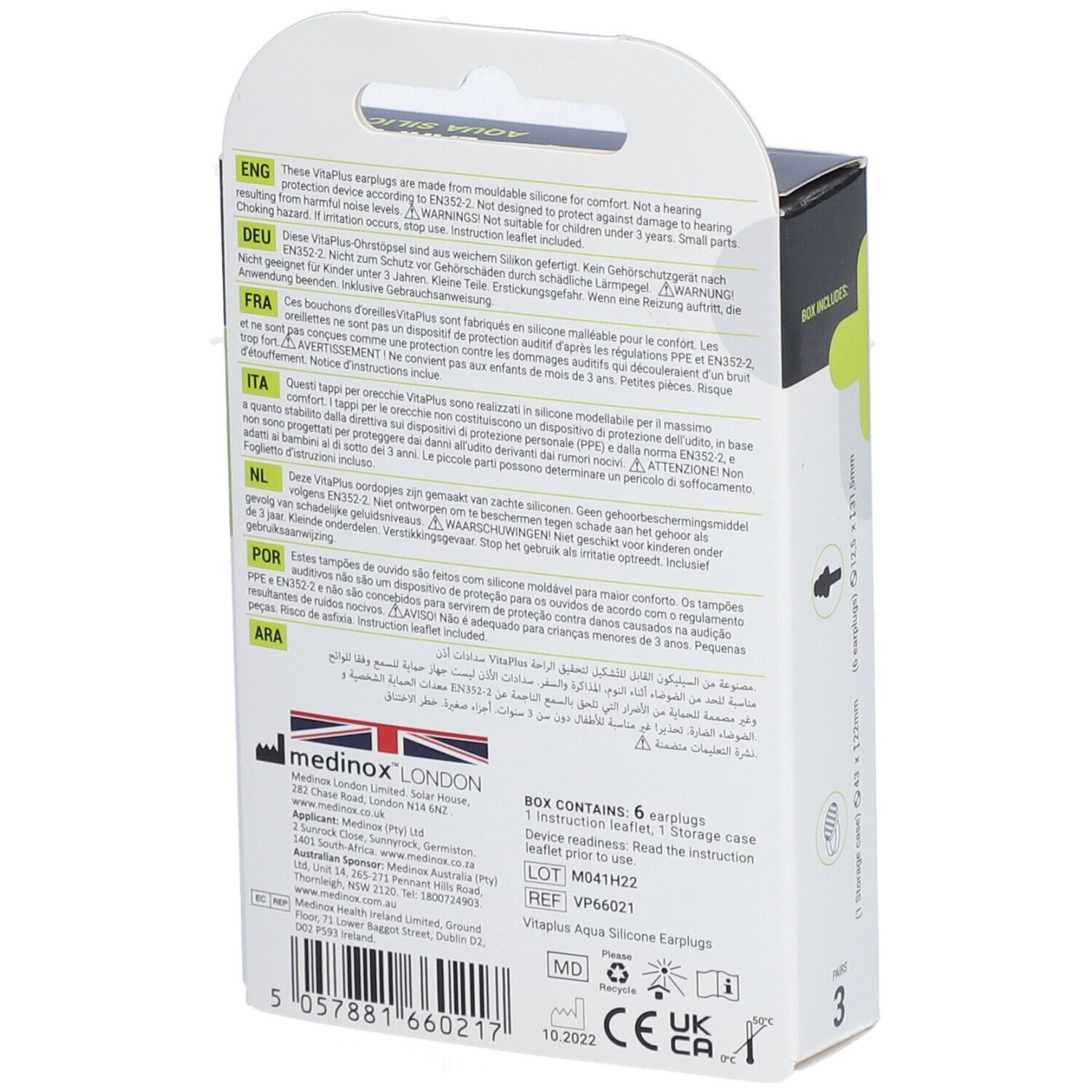 Dos de la boîte avec texte. Contient des informations sur les bouchons d'oreille Aqua Silicone. Marque : VitaPlus.