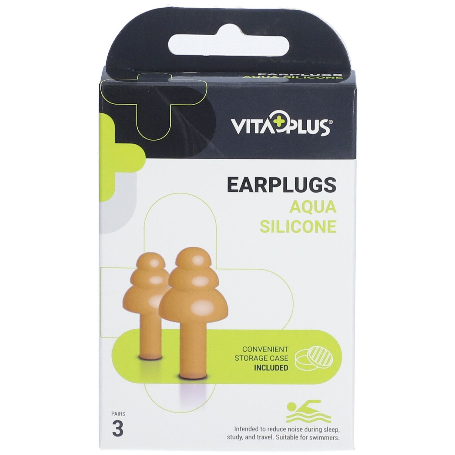 Boîte de bouchons d'oreille Aqua Silicone orange. Comprend un étui de rangement. Marque : VitaPlus.