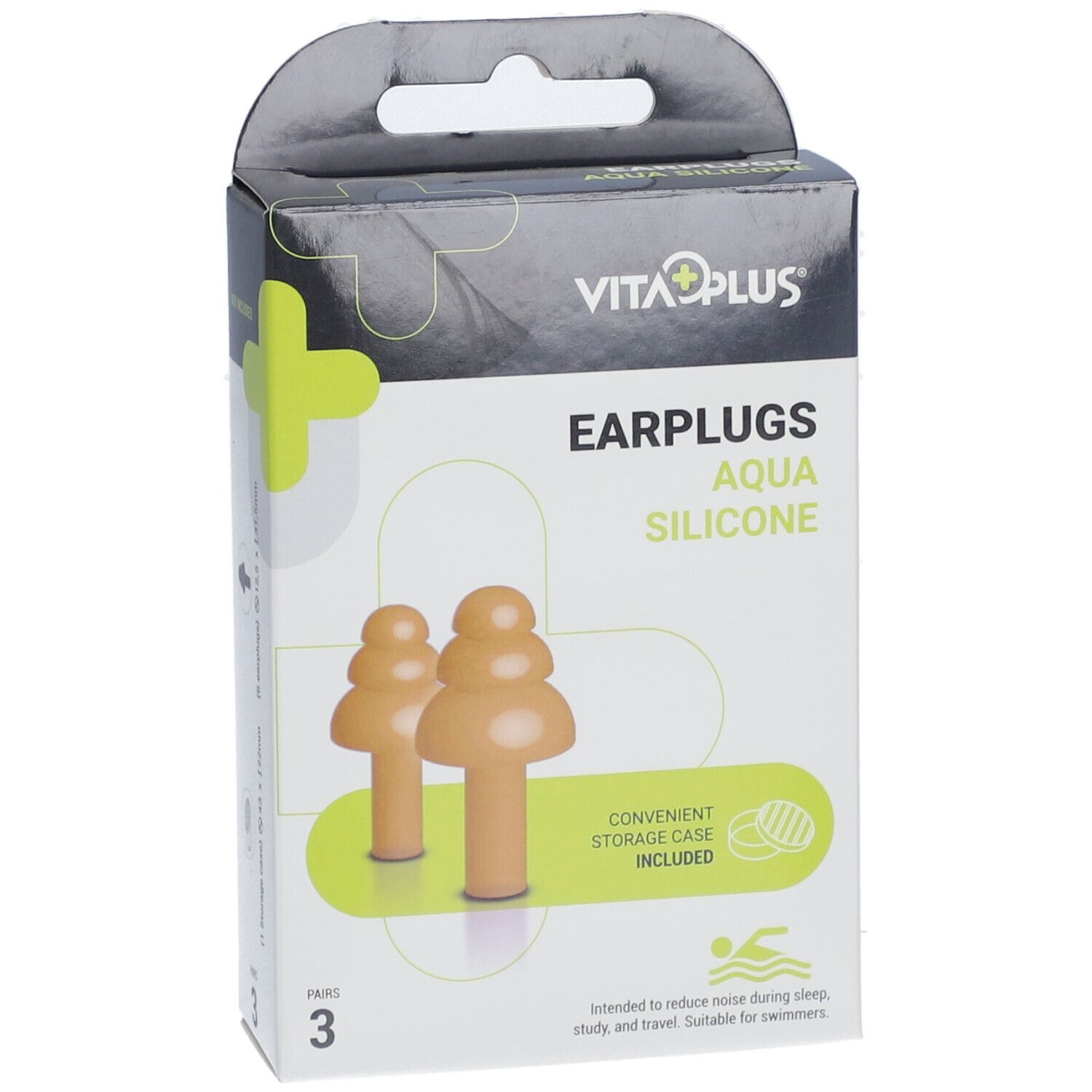 Boîte de bouchons d'oreille Aqua Silicone orange. Comprend un étui de rangement. Marque : VitaPlus.