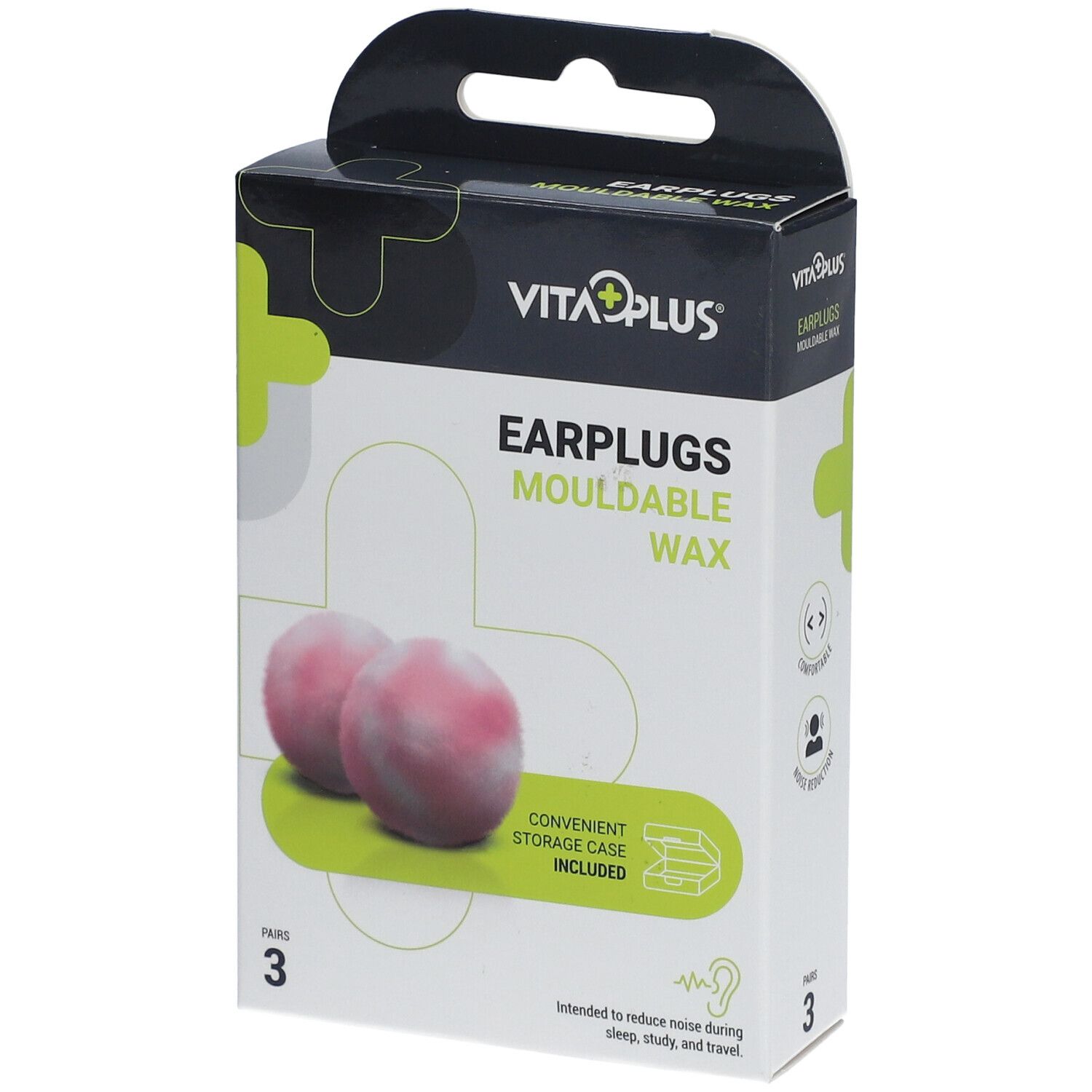 Boîte de VITAPLUS Earplugs Mouldable Wax. Deux bouchons d'oreille roses. Étui de rangement inclus. 3 paires.