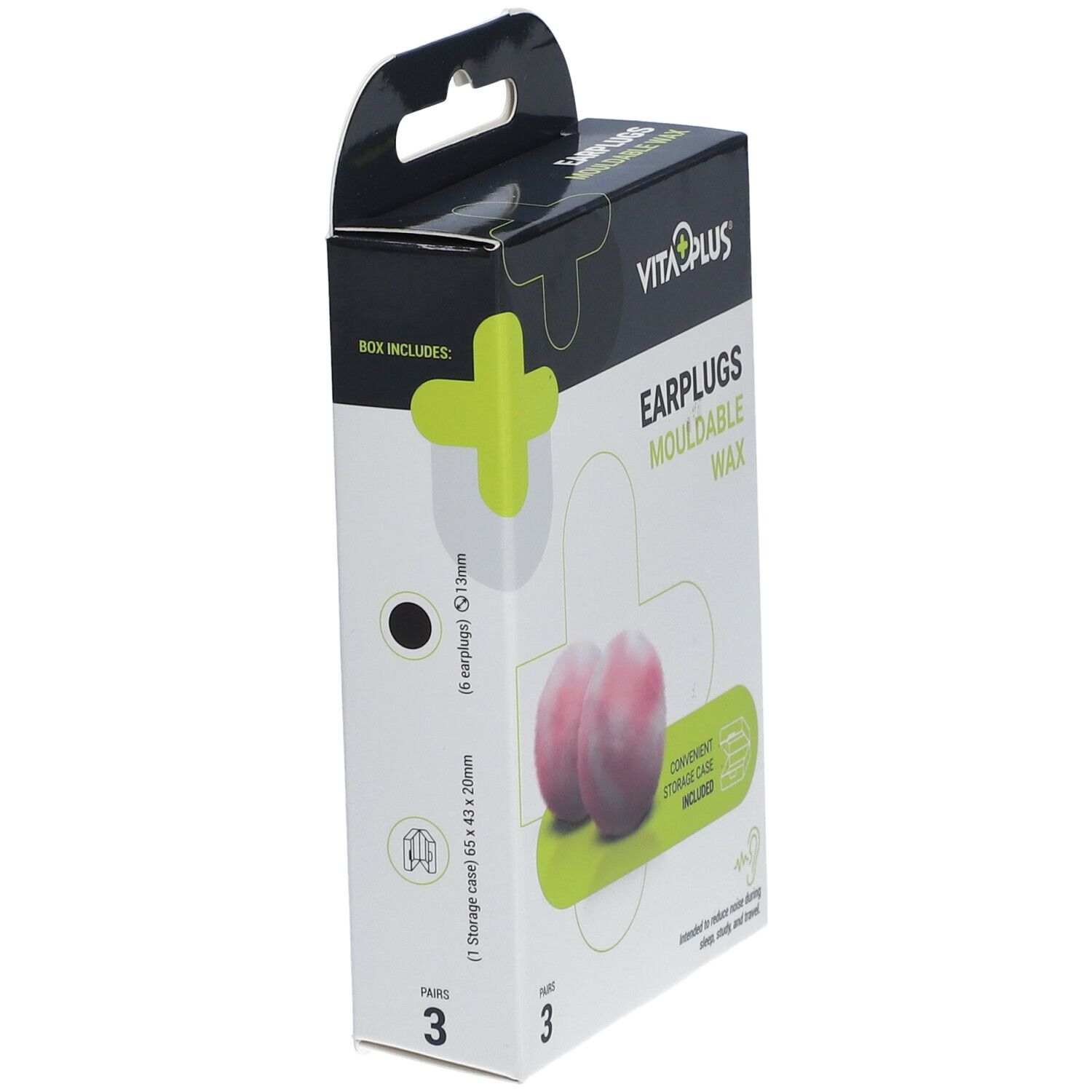 Vue latérale de la boîte de VITAPLUS Earplugs Mouldable Wax. Contient 6 bouchons d'oreille et un étui. 3 paires.