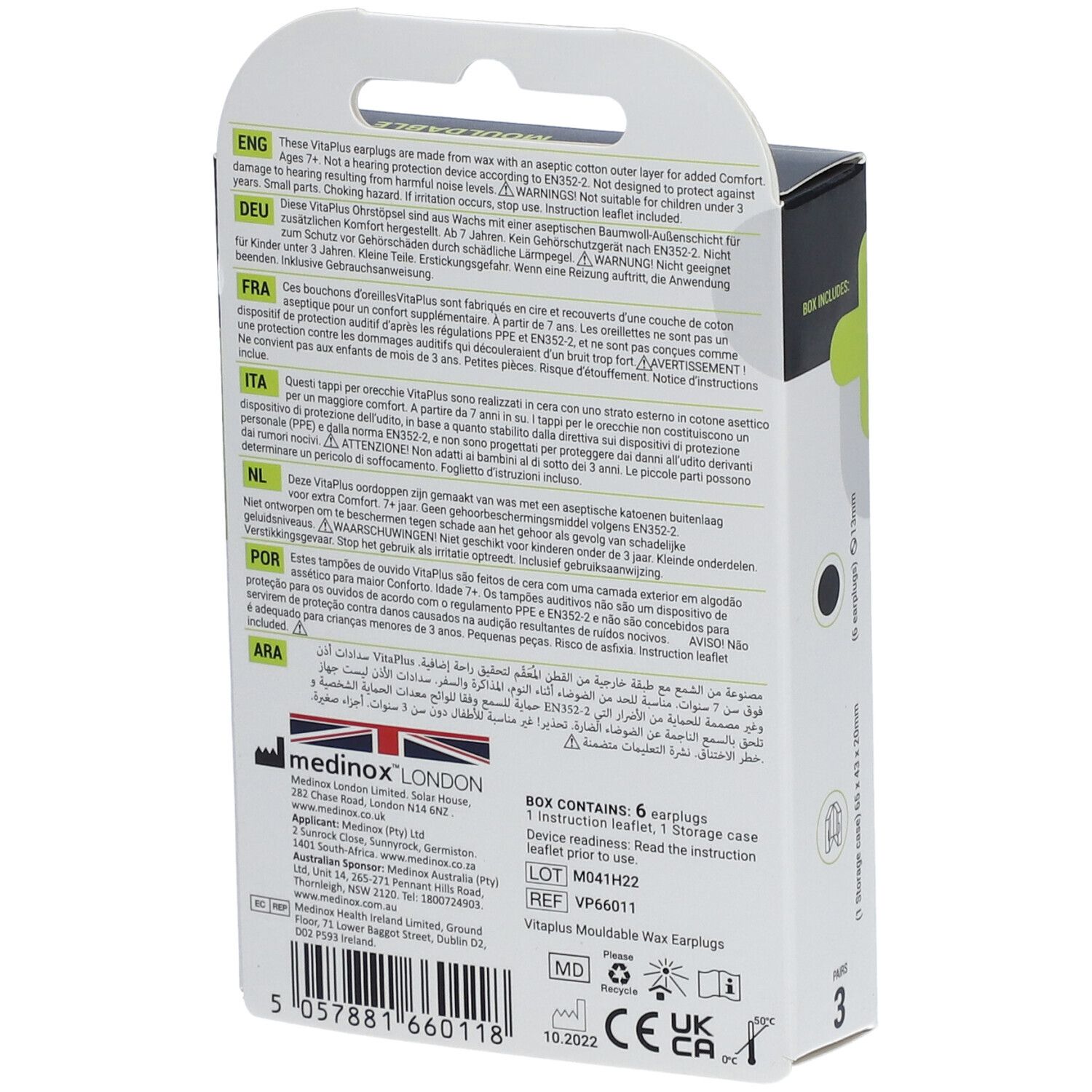 Dos de la boîte de VITAPLUS Earplugs Mouldable Wax. Texte multilingue. Contient 6 bouchons et une boîte.