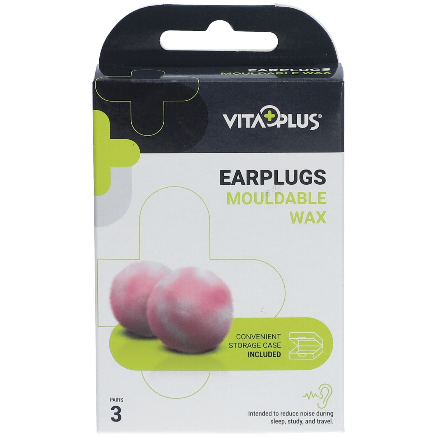 Boîte de VITAPLUS Earplugs Mouldable Wax. Deux bouchons d'oreille roses. Étui de rangement inclus. 3 paires.