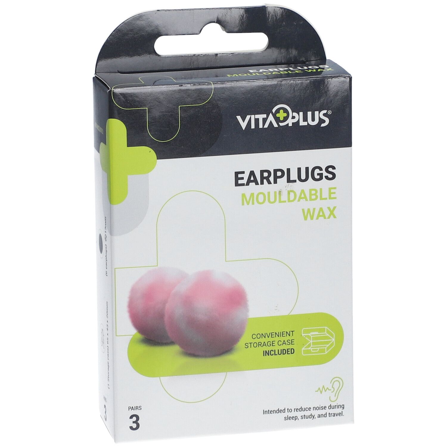 Boîte de VITAPLUS Earplugs Mouldable Wax. Deux bouchons d'oreille roses. Étui de rangement inclus. 3 paires.
